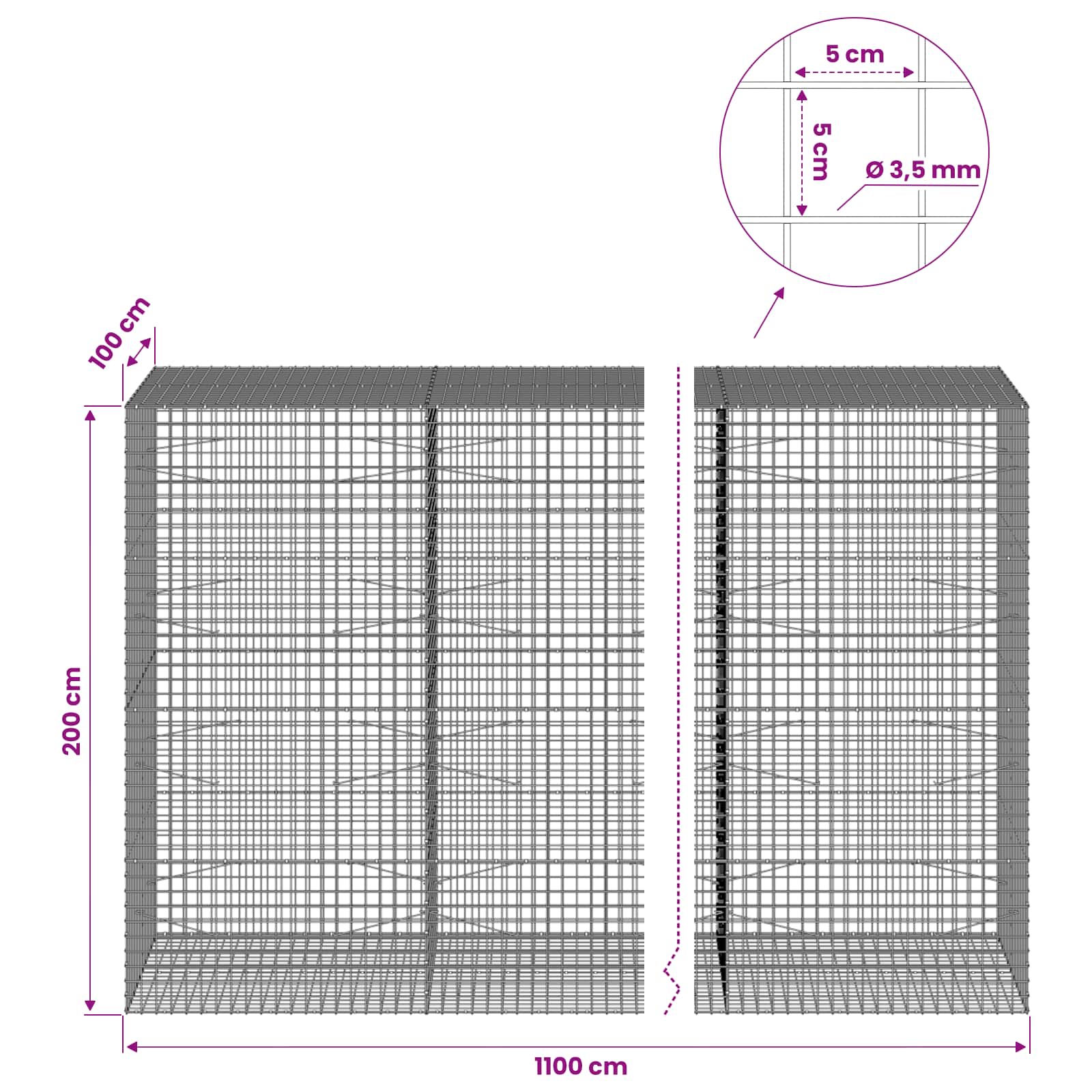 Gabion z žico 3,5 mm in mrežo 5x5 cm 1100x100x200 cm