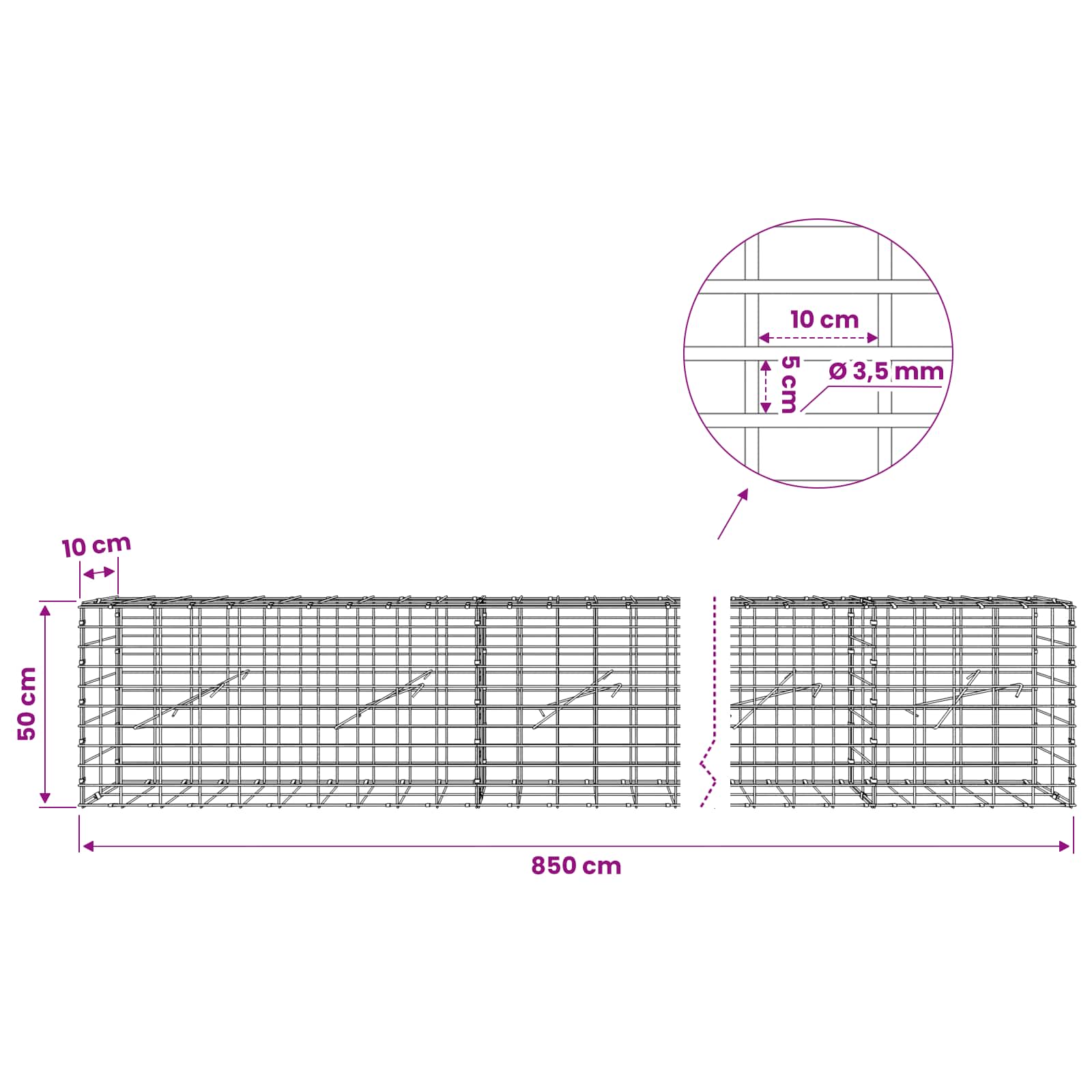 Gabion z 3,5 mm žico in 5x10 cm mrežo 850x10x50 cm