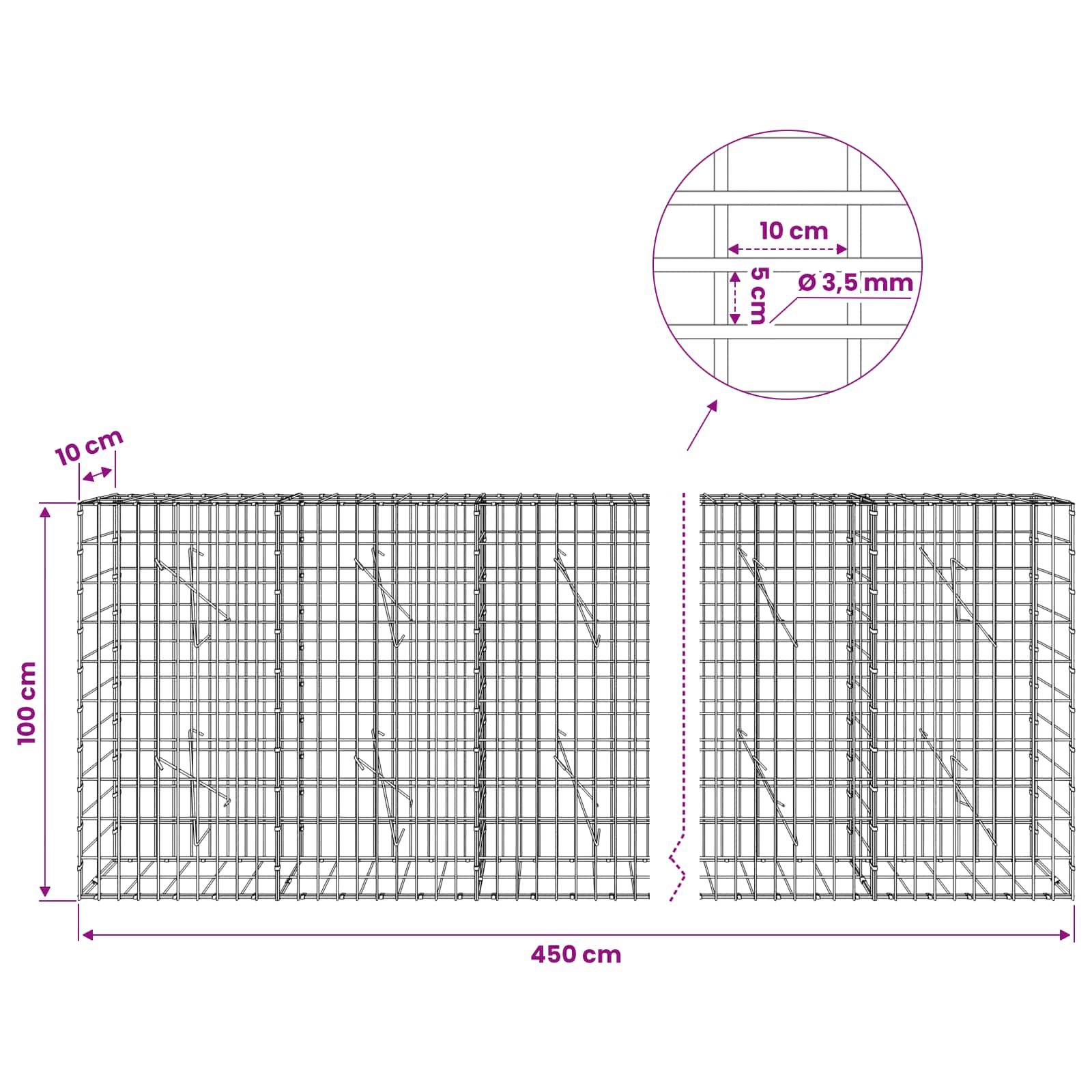 Gabion z 3,5 mm žico in 5x10 cm mrežo 450x10x100 cm