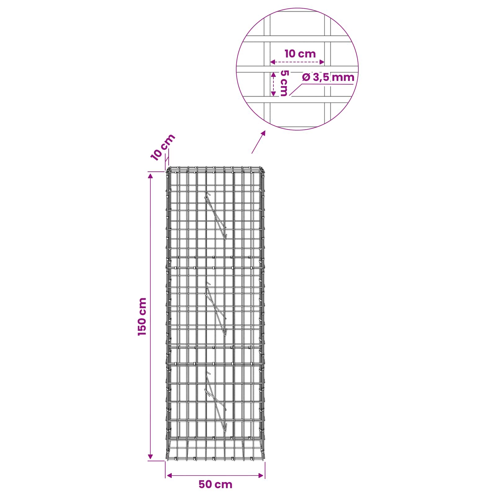 Gabion z 3,5 mm žico in 5x10 cm mrežo 50x10x150 cm