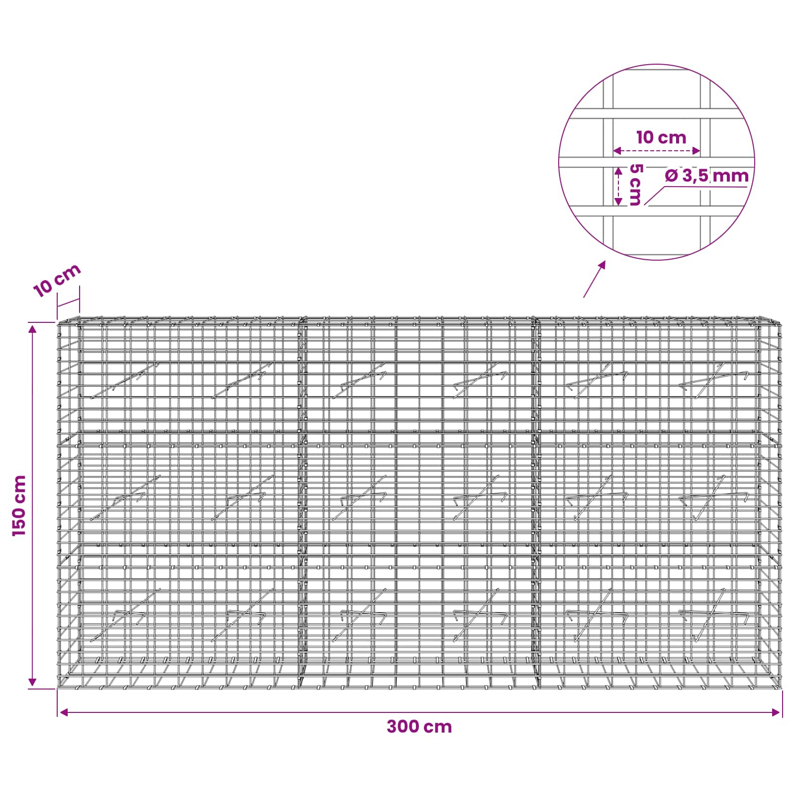 Gabion z 3,5 mm žico in 5x10 cm mrežo 300x10x150 cm
