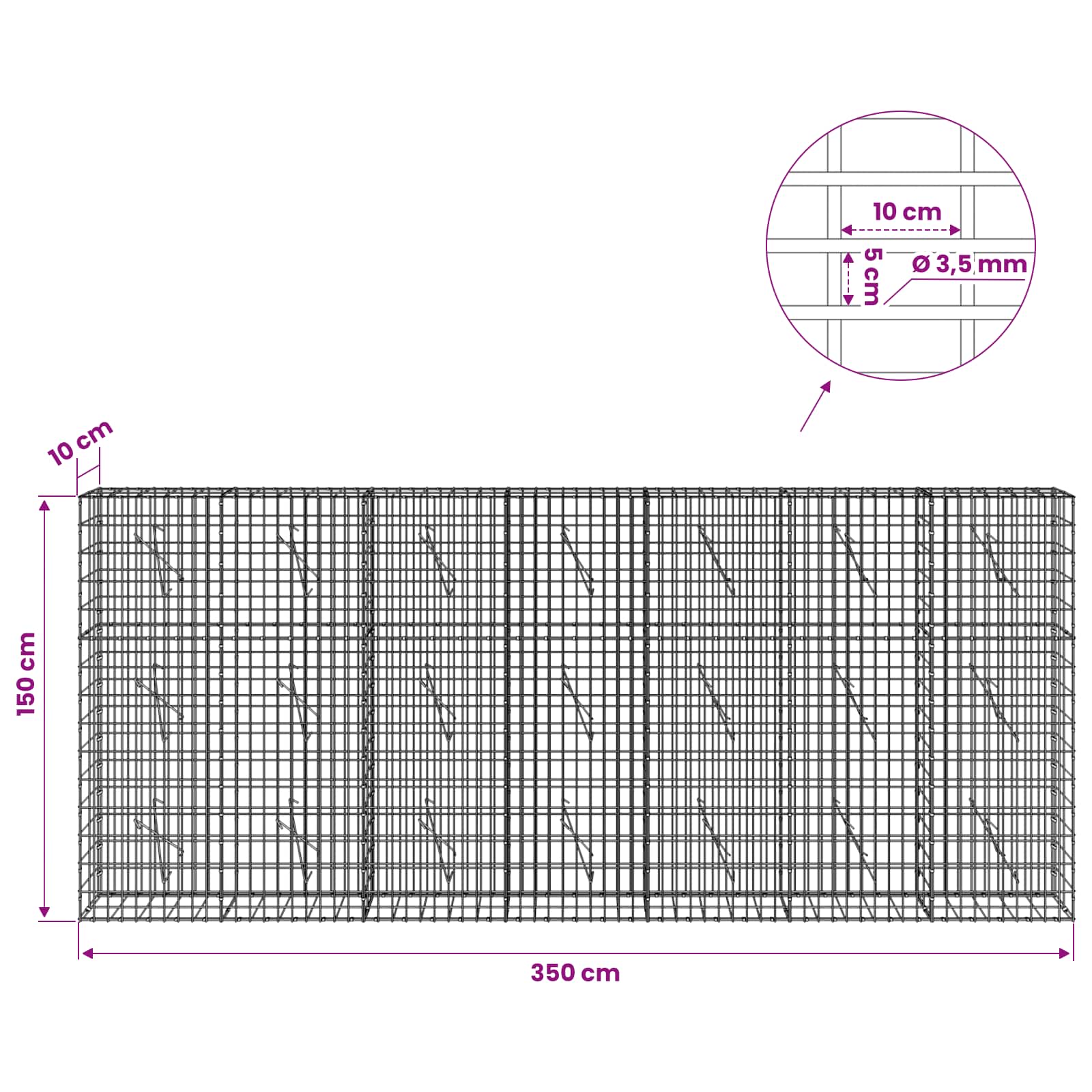 Gabion z 3,5 mm žico in 5x10 cm mrežo 350x10x150 cm