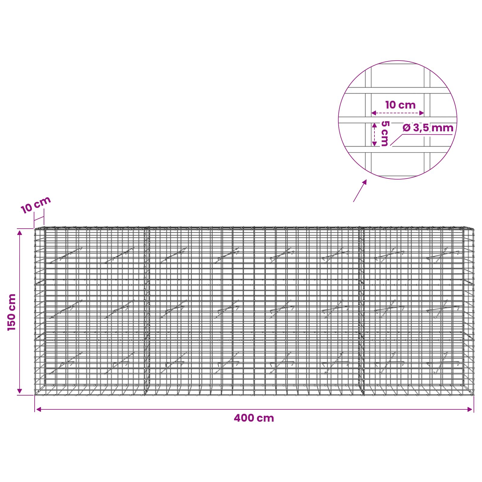 Gabion z 3,5 mm žico in 5x10 cm mrežo 400x10x150 cm