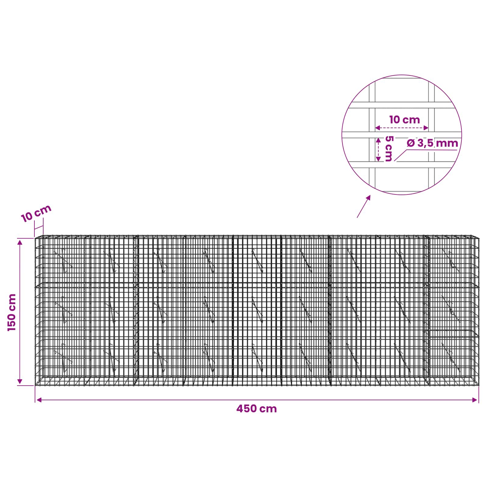 Gabion z 3,5 mm žico in 5x10 cm mrežo 450x10x150 cm
