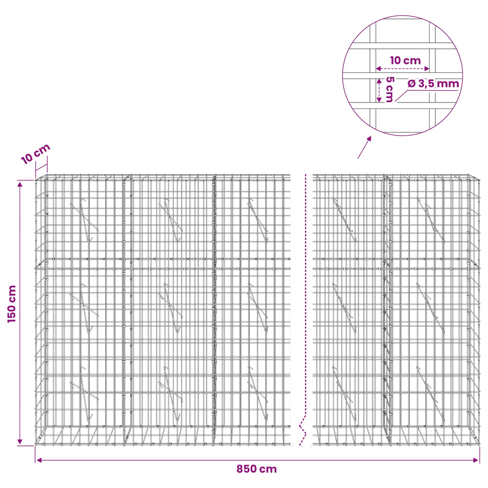 Gabion z 3,5 mm žico in 5x10 cm mrežo 850x10x150 cm