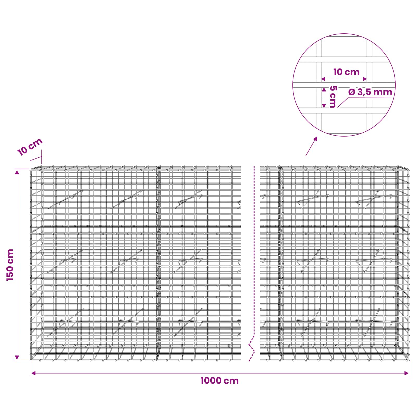 Gabion z 3,5 mm žico in 5x10 cm mrežo 1000x10x150 cm
