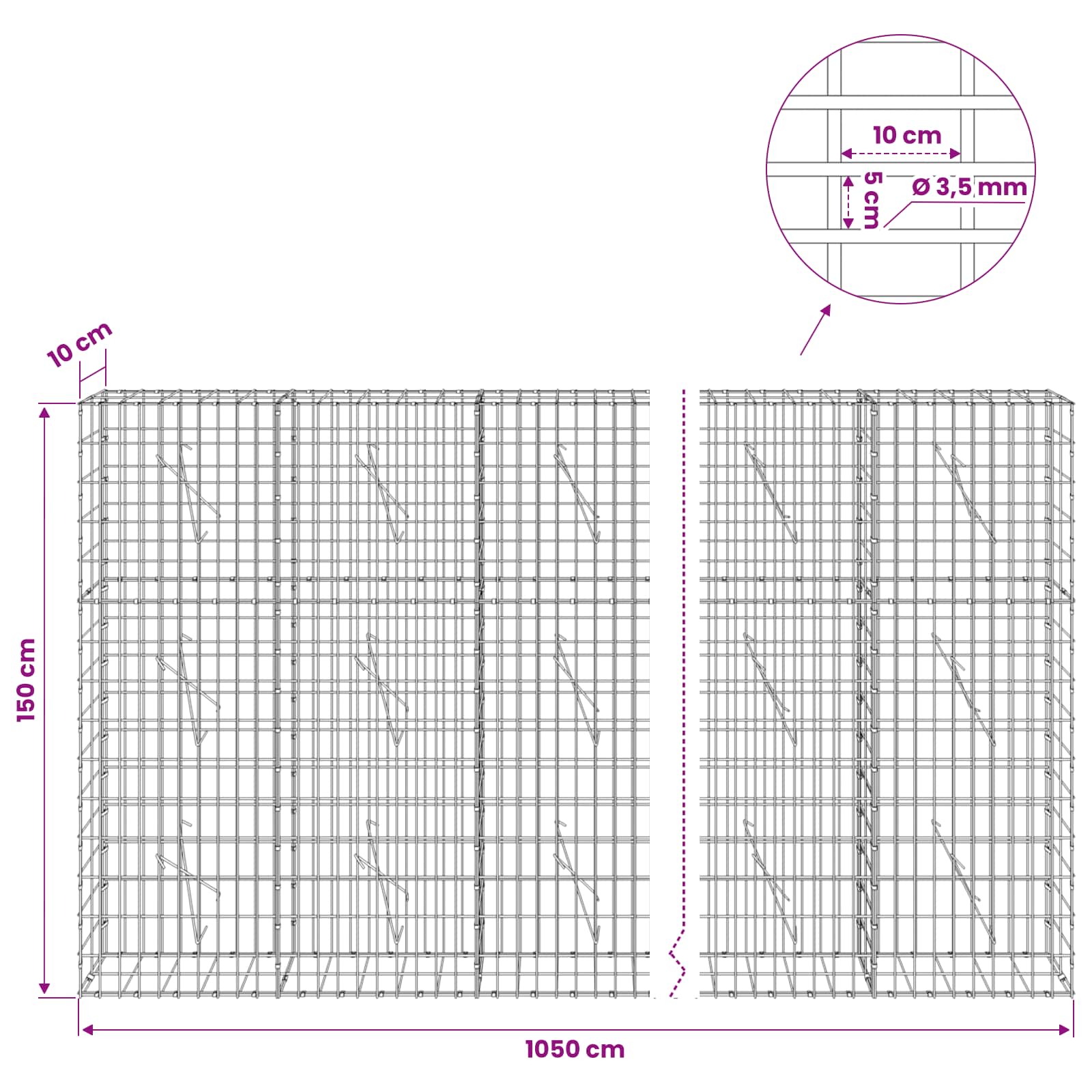 Gabion z 3,5 mm žico in 5x10 cm mrežo 1050x10x150 cm