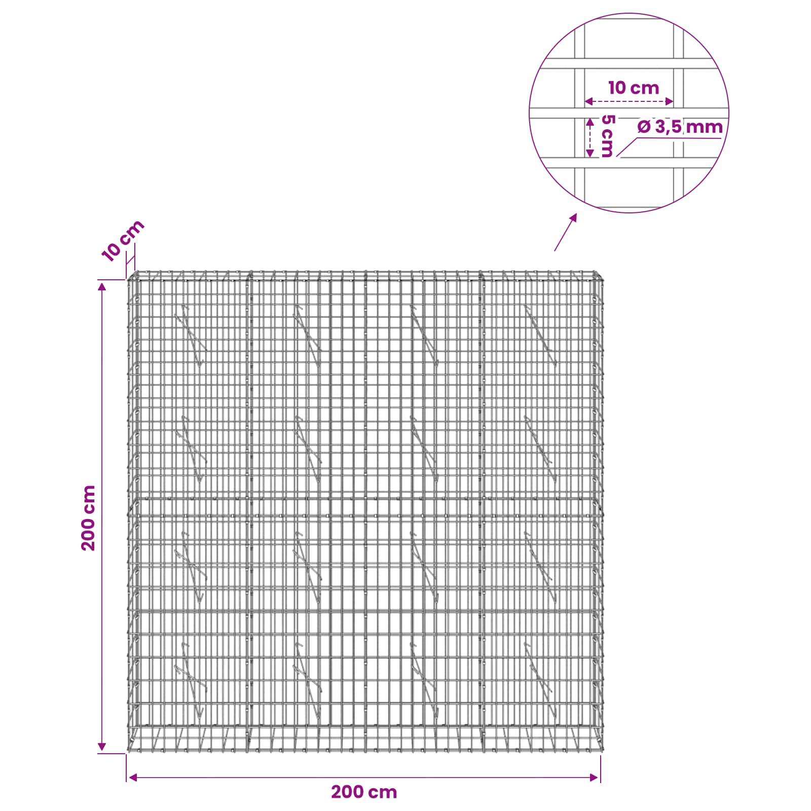 Gabion z 3,5 mm žico in 5x10 cm mrežo 200x10x200 cm