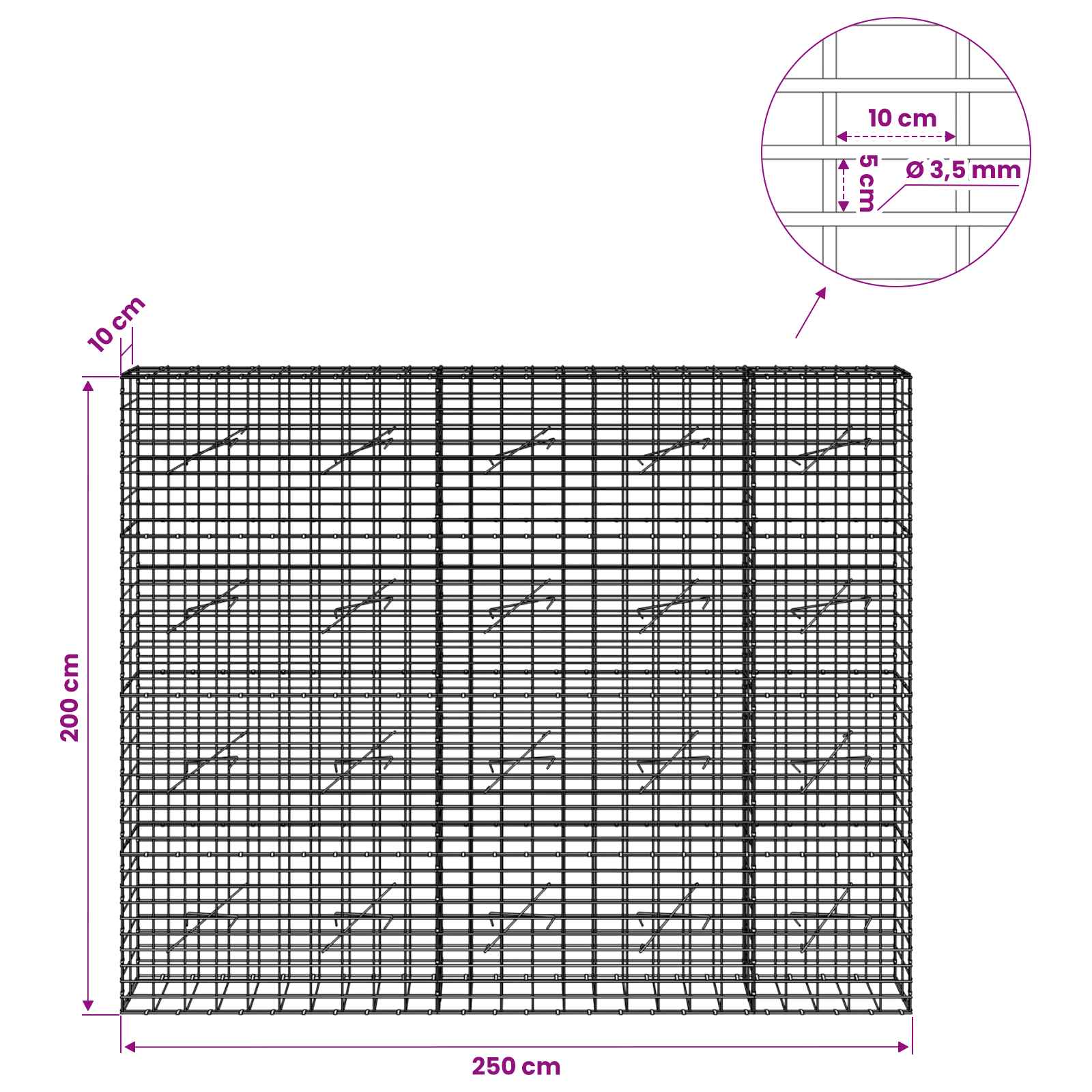 Gabion z 3,5 mm žico in 5x10 cm mrežo 250x10x200 cm