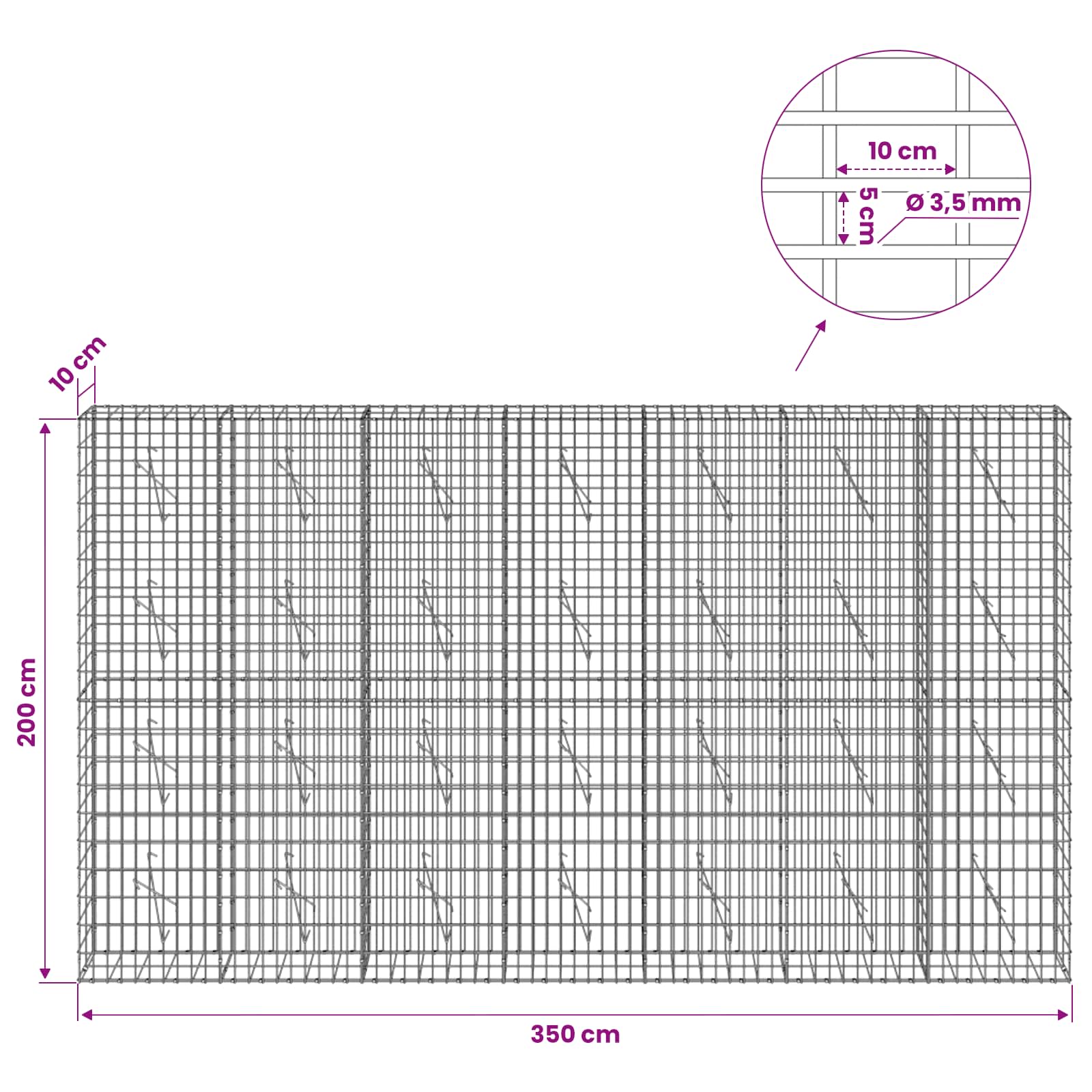 Gabion z 3,5 mm žico in 5x10 cm mrežo 350x10x200 cm