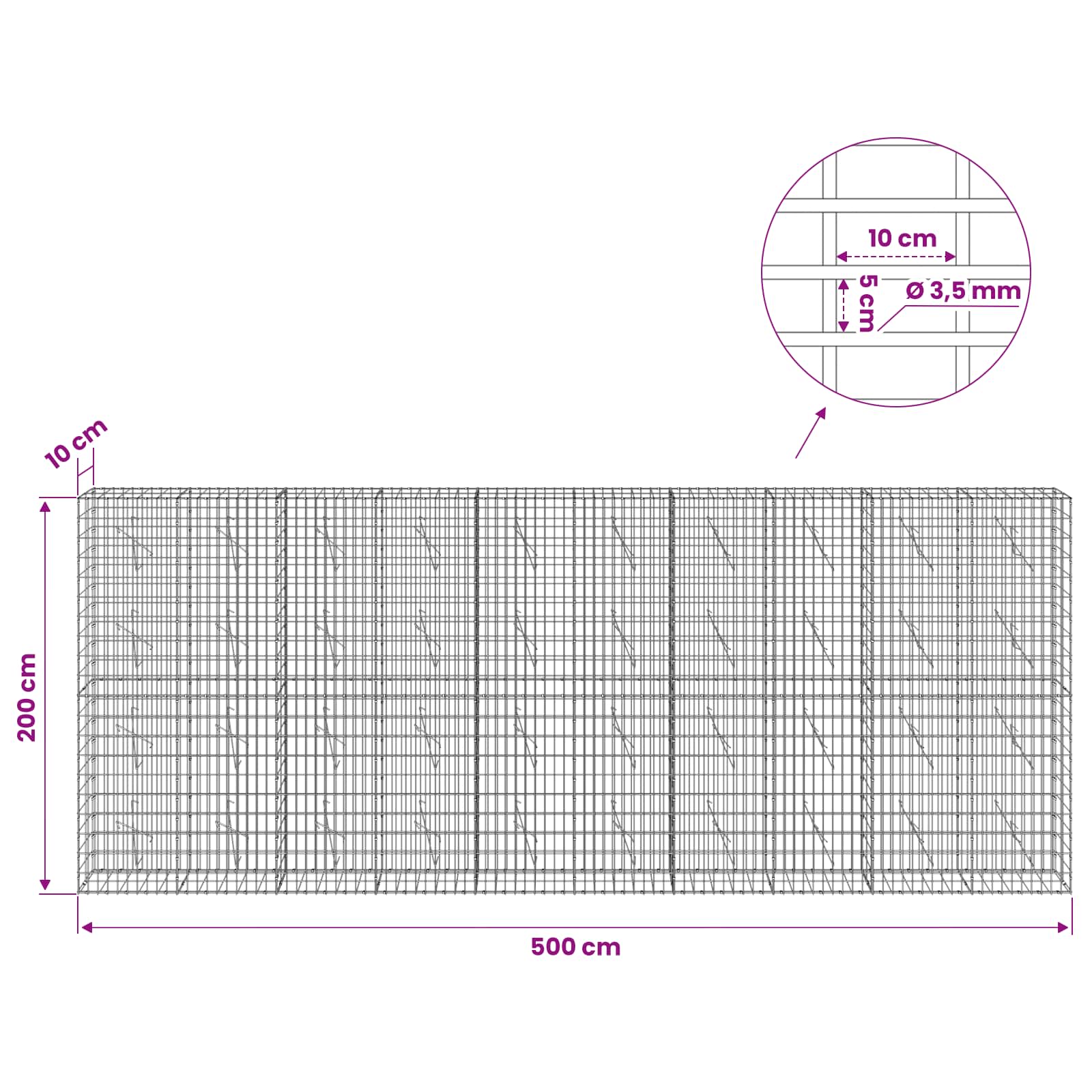 Gabion z 3,5 mm žico in 5x10 cm mrežo 500x10x200 cm