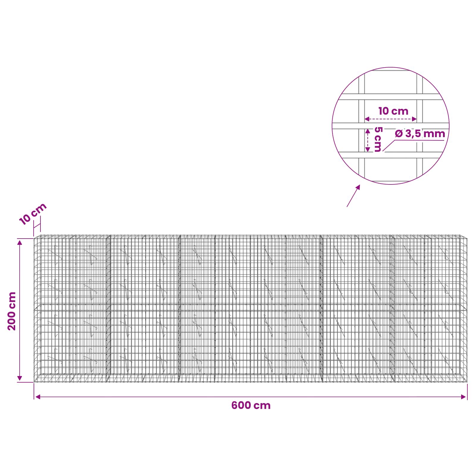 Gabion z 3,5 mm žico in 5x10 cm mrežo 600x10x200 cm