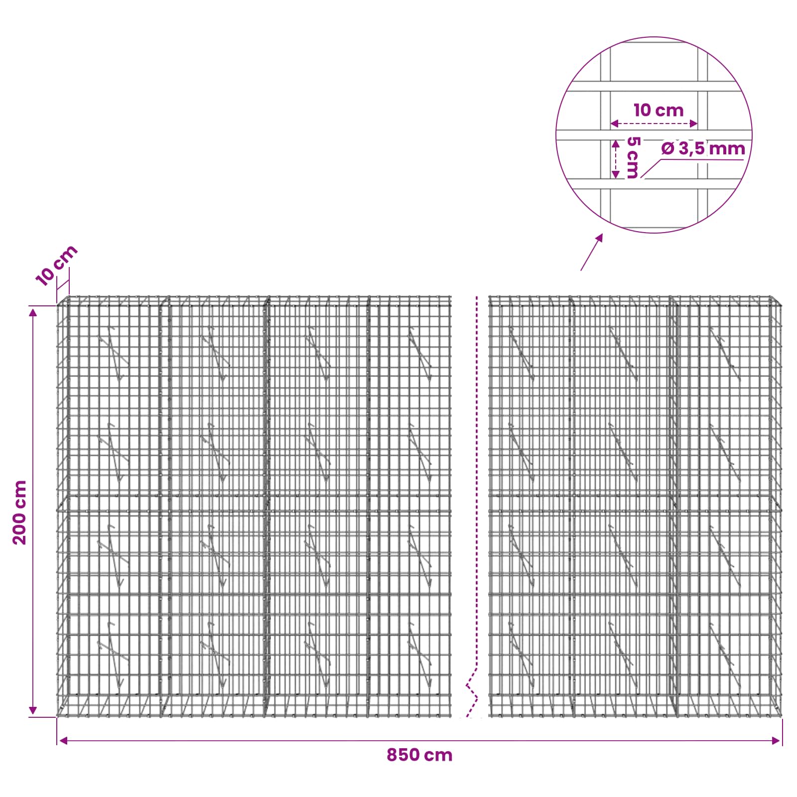 Gabion z 3,5 mm žico in 5x10 cm mrežo 850x10x200 cm
