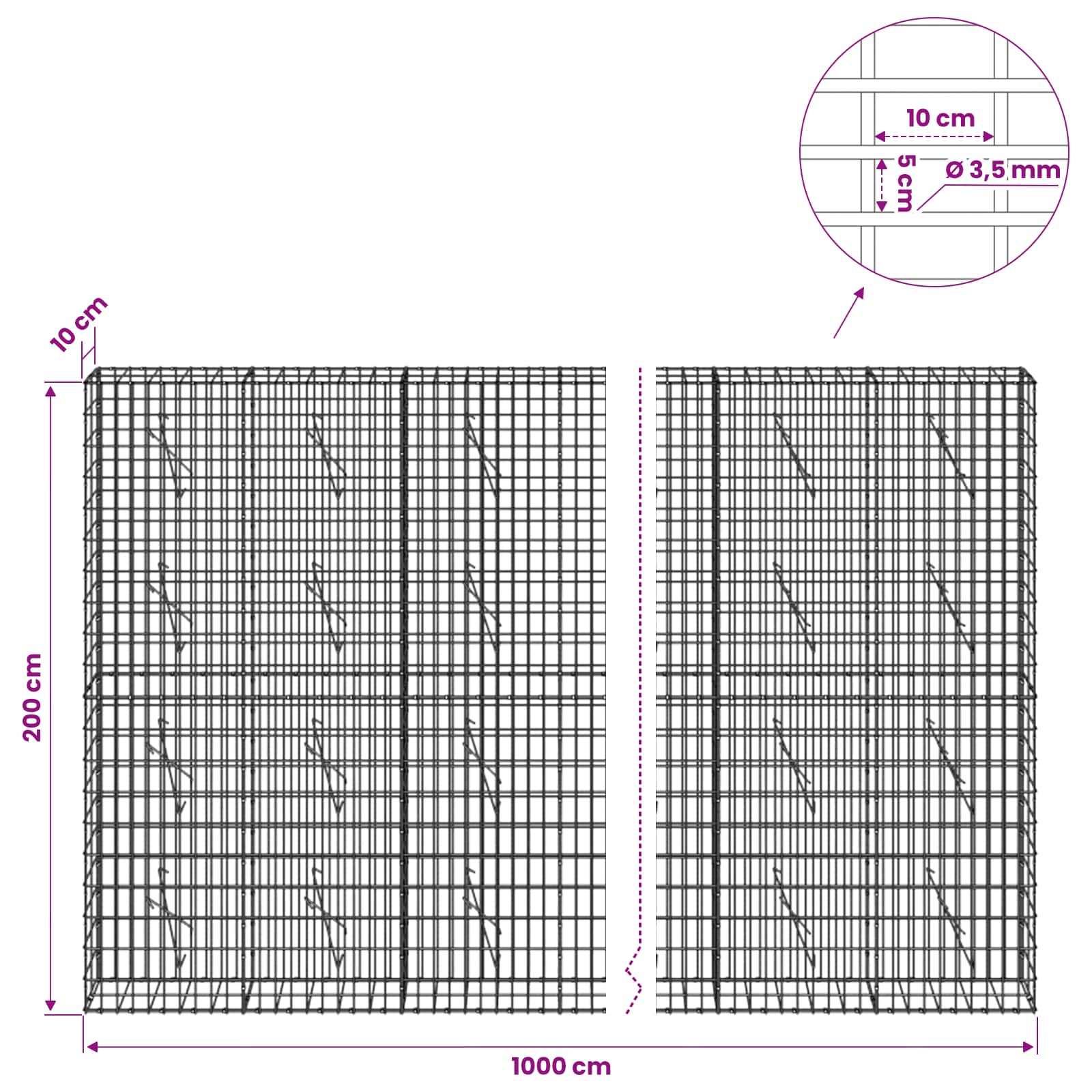Gabion z 3,5 mm žico in 5x10 cm mrežo 1000x10x200 cm