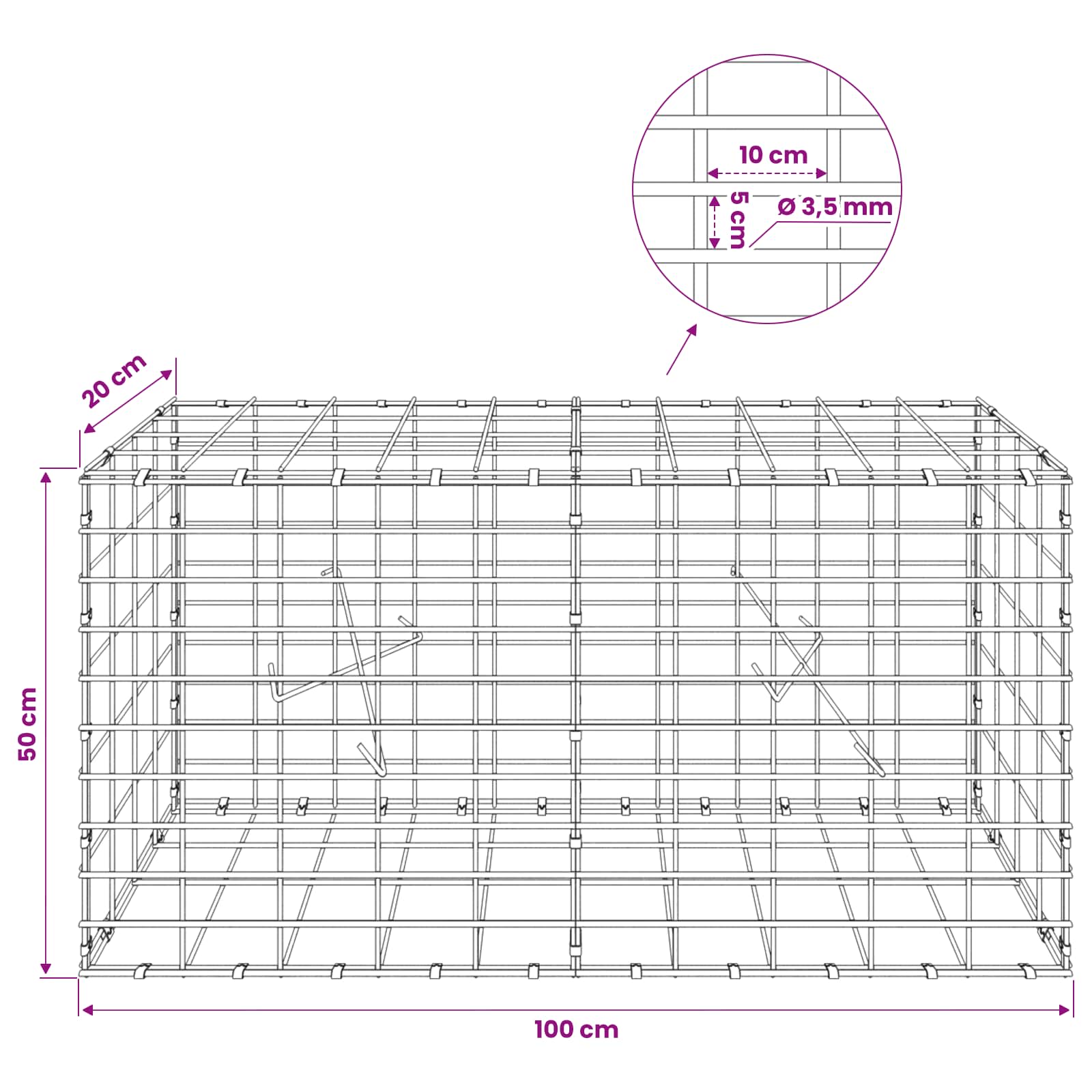 Gabion z 3,5 mm žico in 5x10 cm mrežo 100x20x50 cm