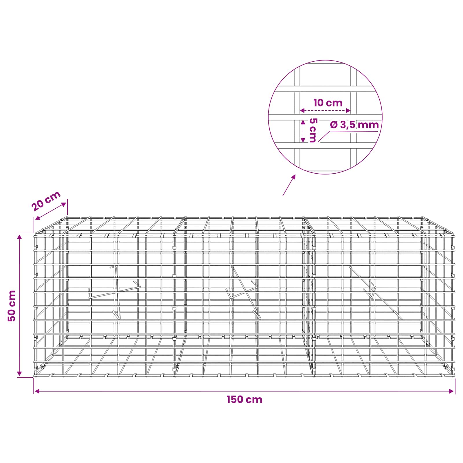 Gabion z 3,5 mm žico in 5x10 cm mrežo 150x20x50 cm