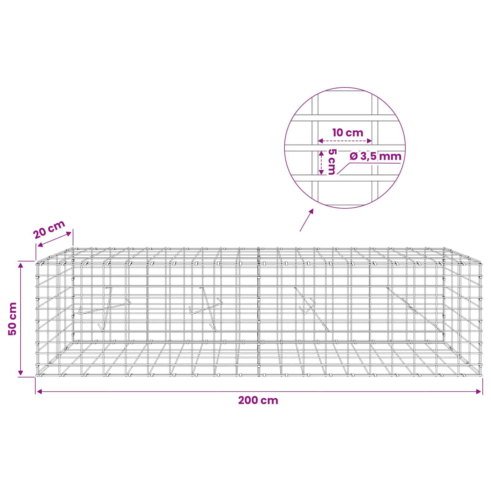 Gabion z 3,5 mm žico in 5x10 cm mrežo 200x20x50 cm