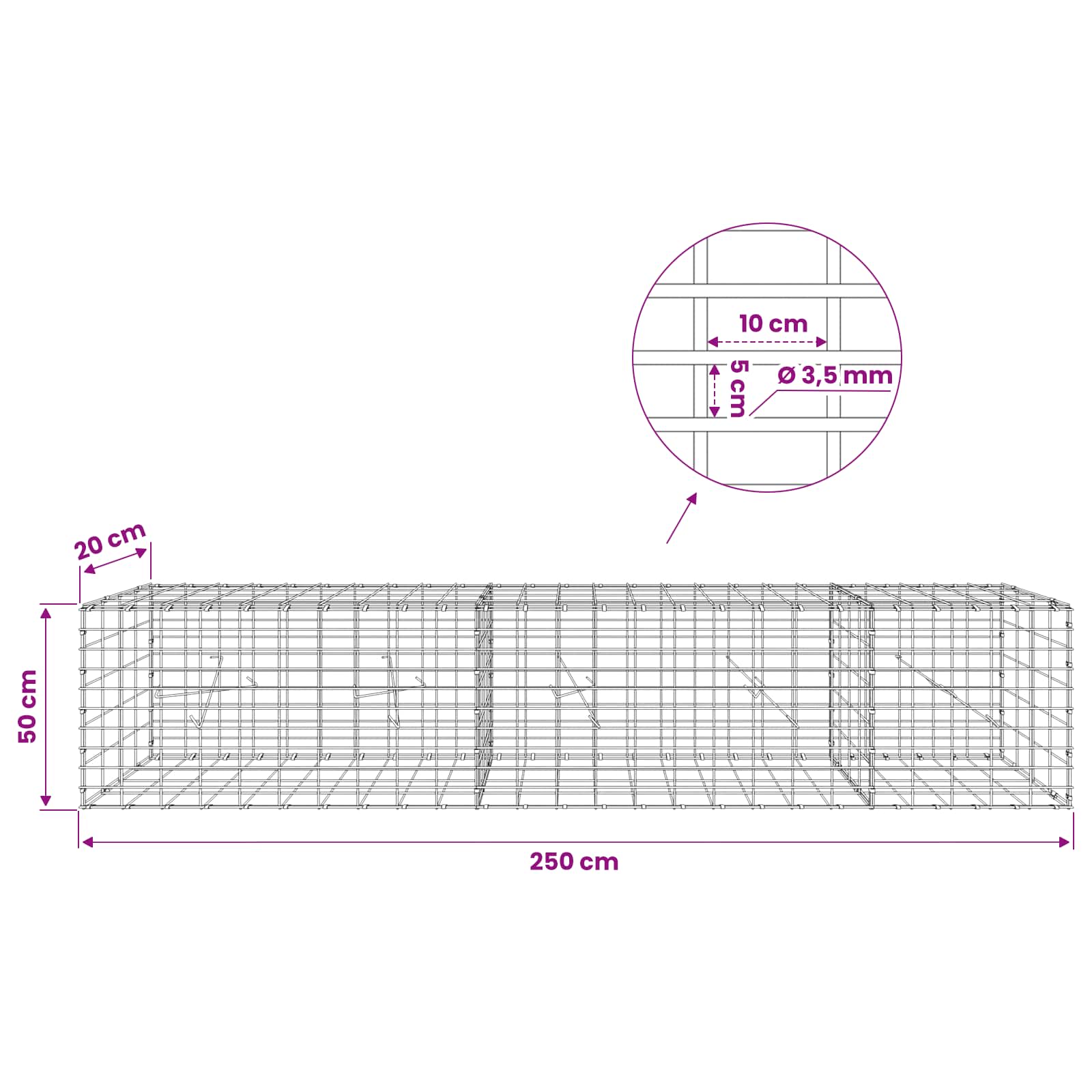 Gabion z 3,5 mm žico in 5x10 cm mrežo 250x20x50 cm