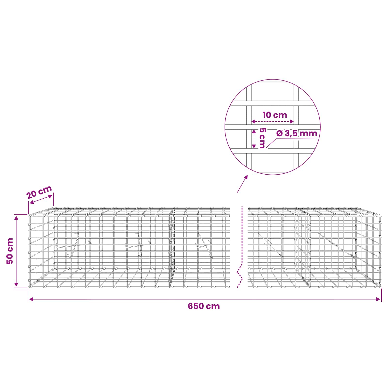 Gabion z 3,5 mm žico in 5x10 cm mrežo 650x20x50 cm