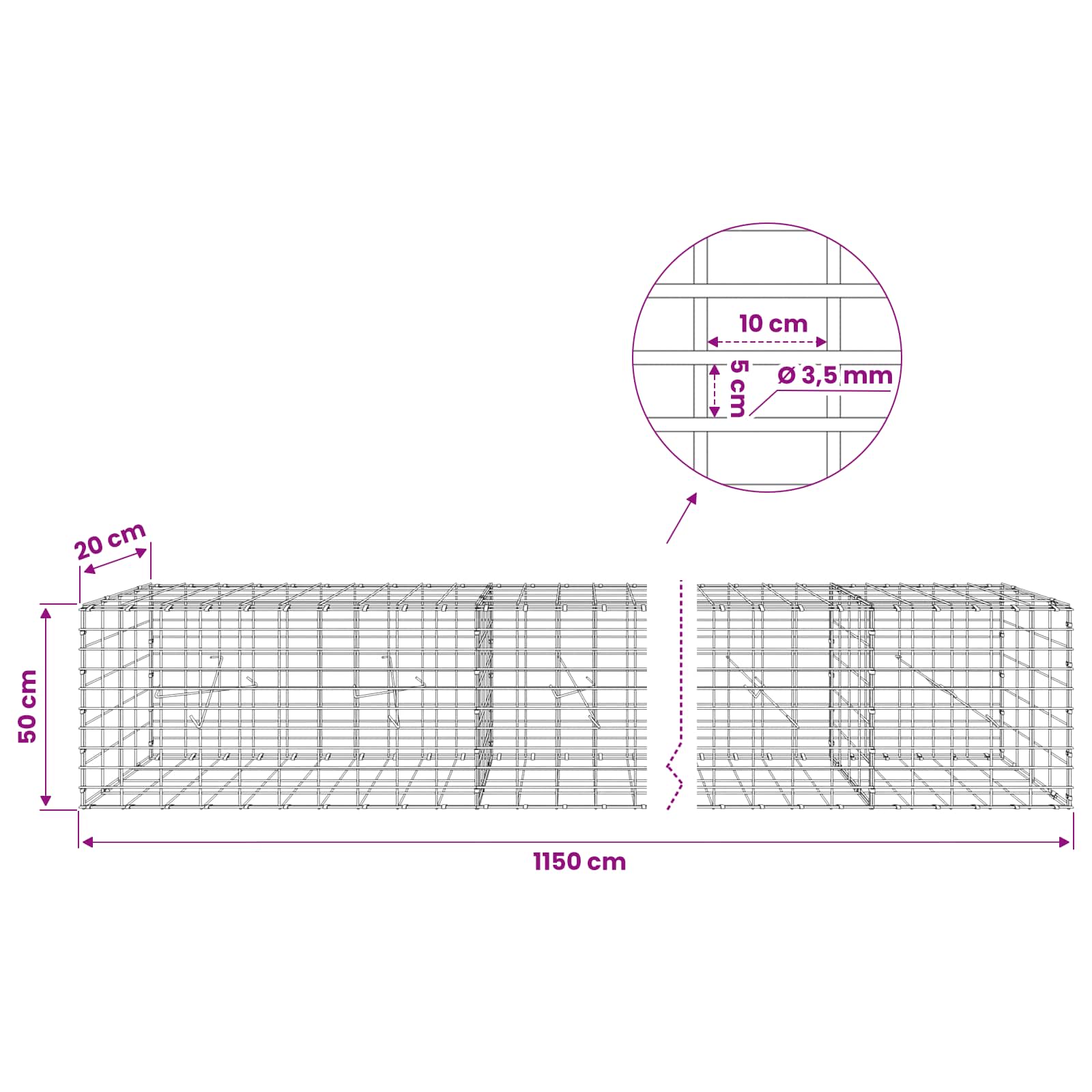 Gabion z 3,5 mm žico in 5x10 cm mrežo 1150x20x50 cm