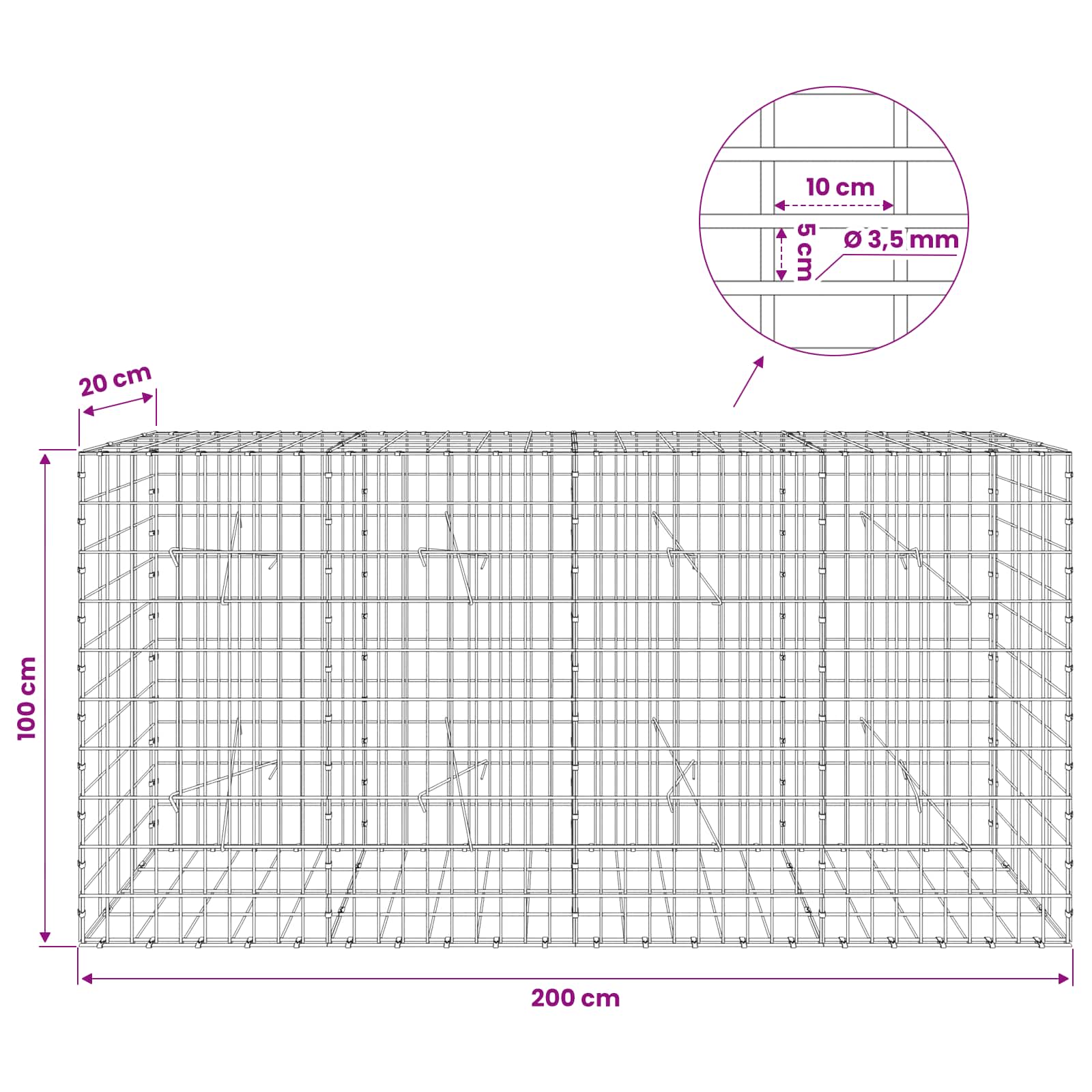 Gabion z 3,5 mm žico in 5x10 cm mrežo 200x20x100 cm