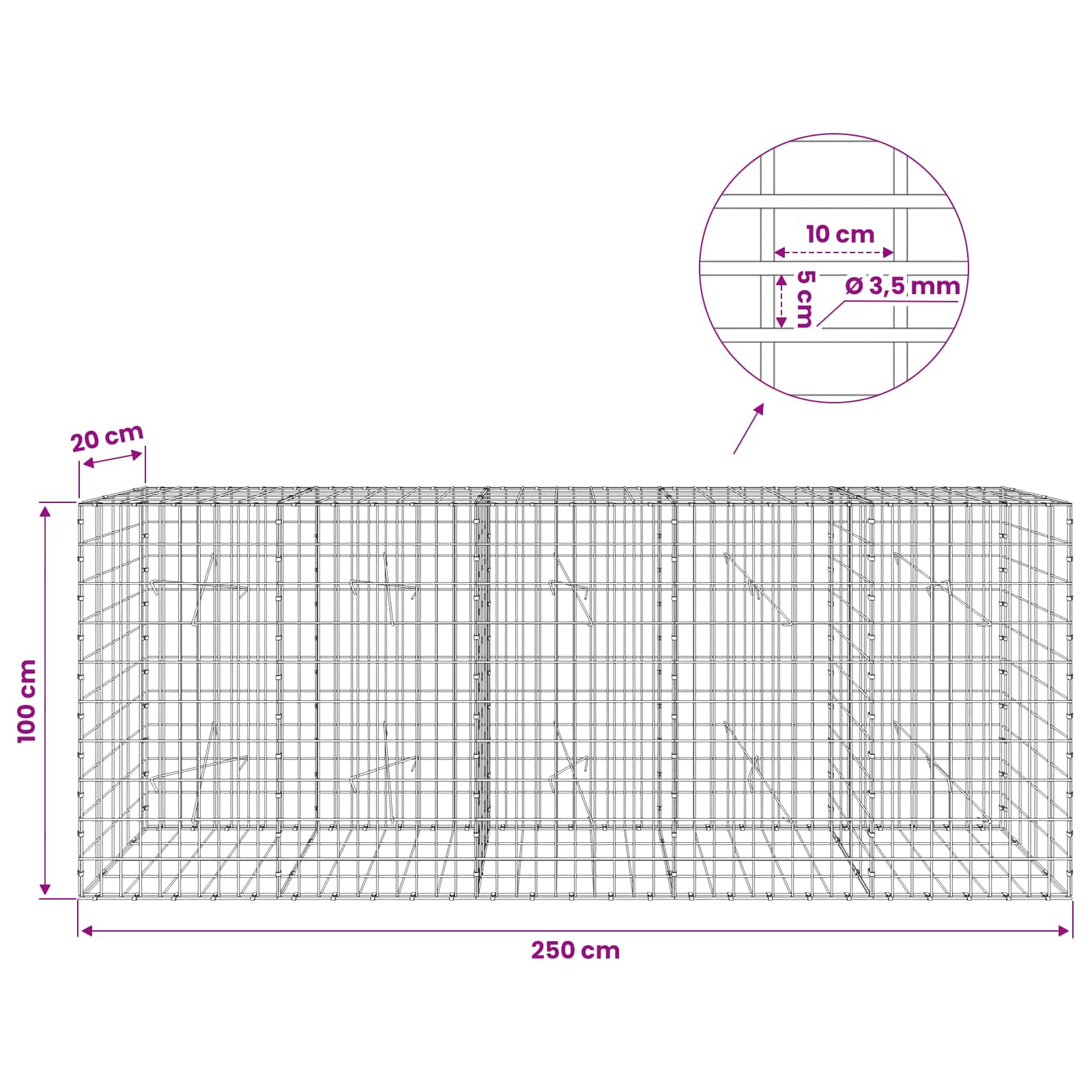 Gabion z 3,5 mm žico in 5x10 cm mrežo 250x20x100 cm