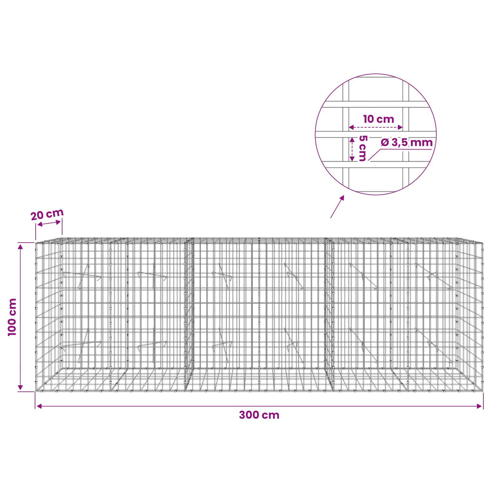 Gabion z 3,5 mm žico in 5x10 cm mrežo 300x20x100 cm