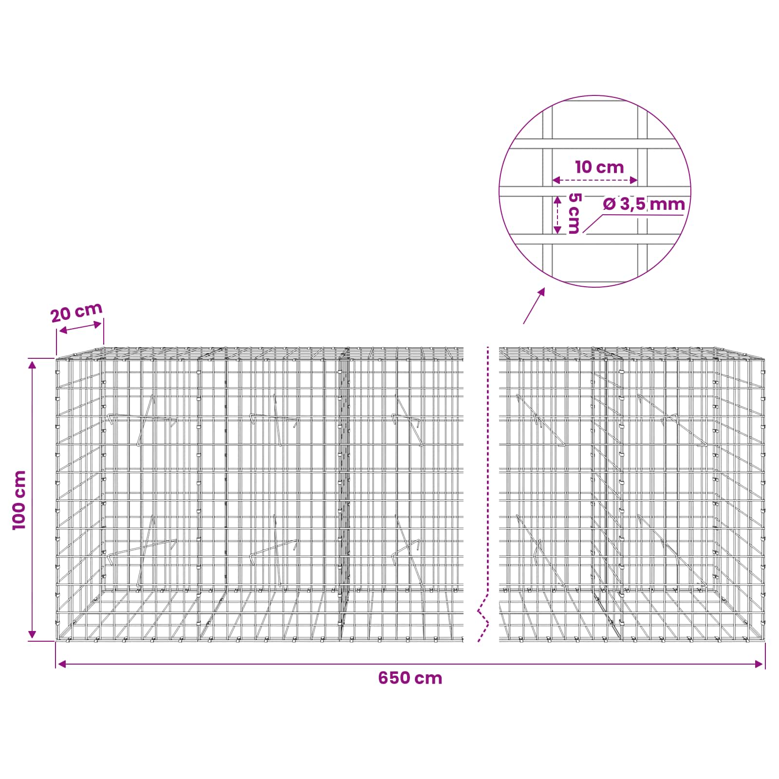 Gabion z 3,5 mm žico in 5x10 cm mrežo 650x20x100 cm