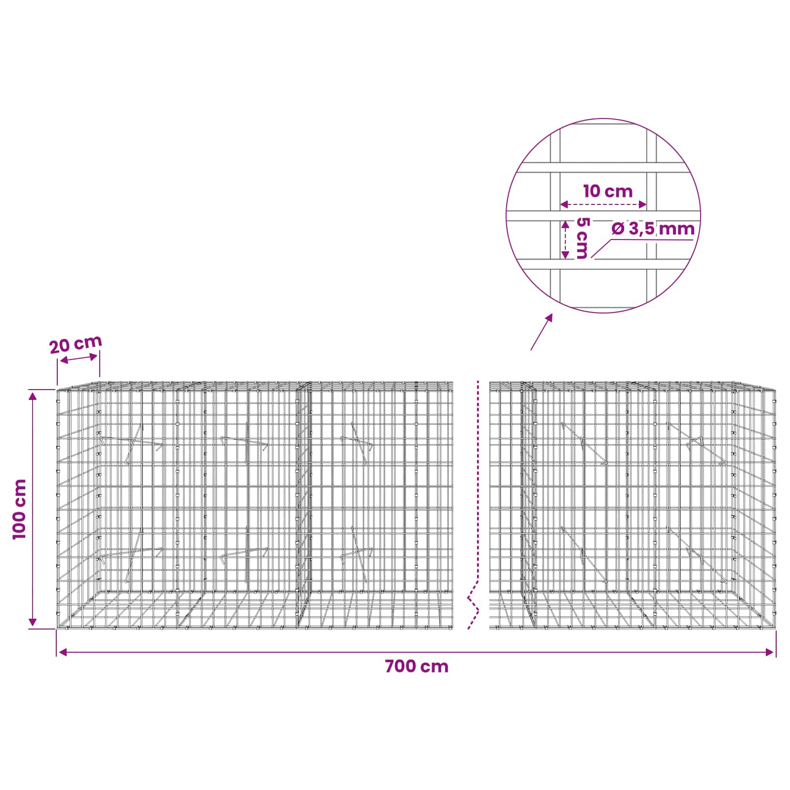 Gabion z 3,5 mm žico in 5x10 cm mrežo 700x20x100 cm