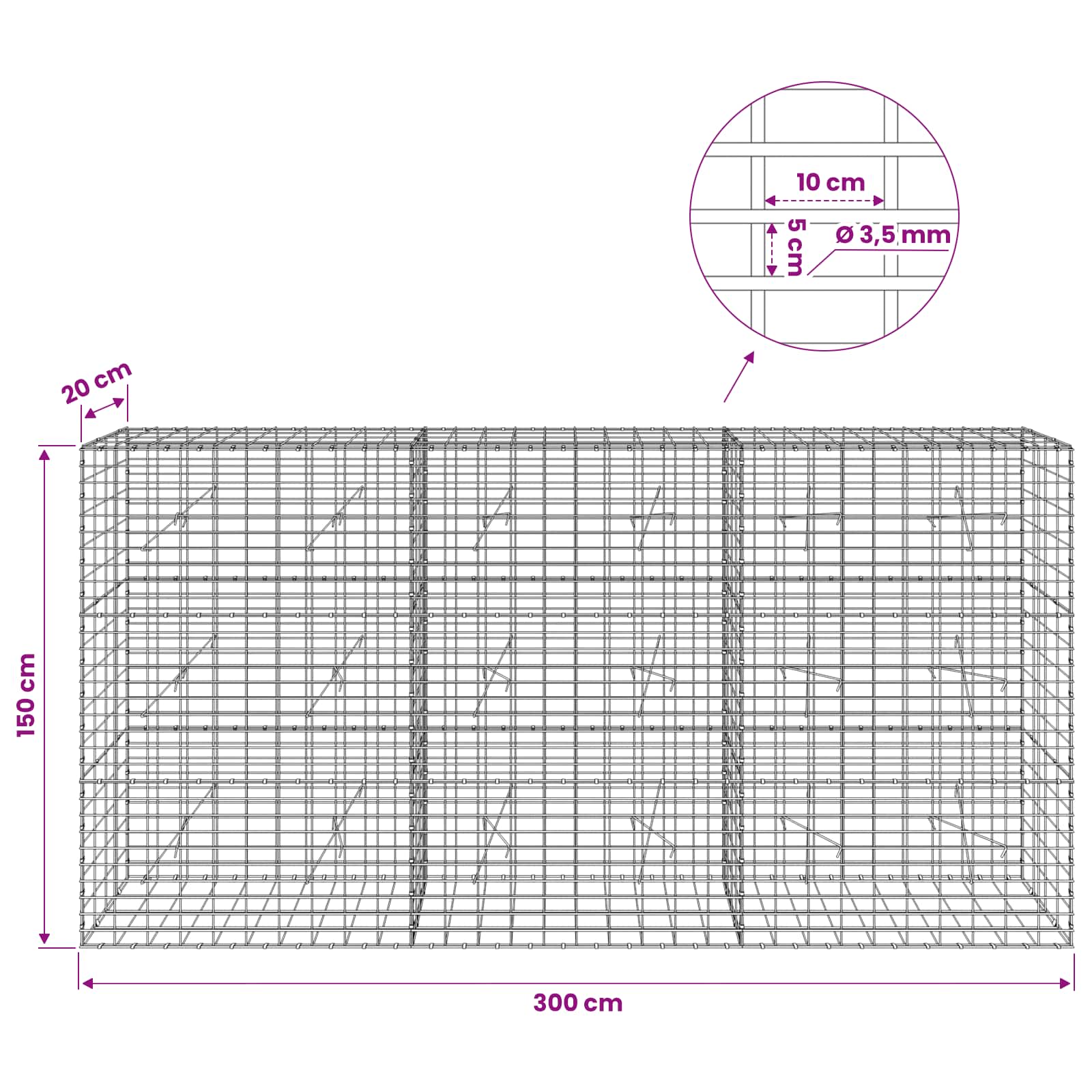 Gabion z 3,5 mm žico in 5x10 cm mrežo 300x20x150 cm