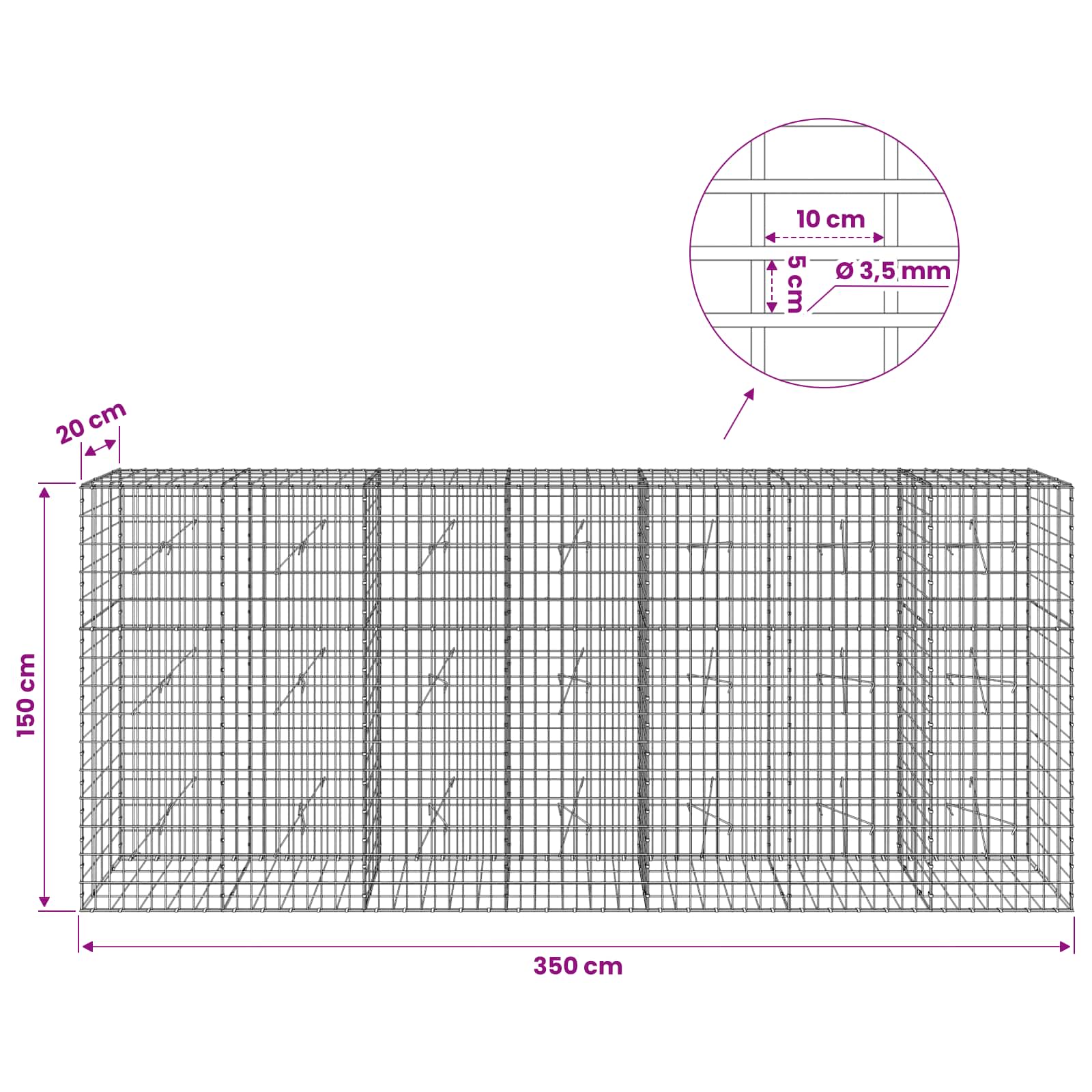 Gabion z 3,5 mm žico in 5x10 cm mrežo 350x20x150 cm