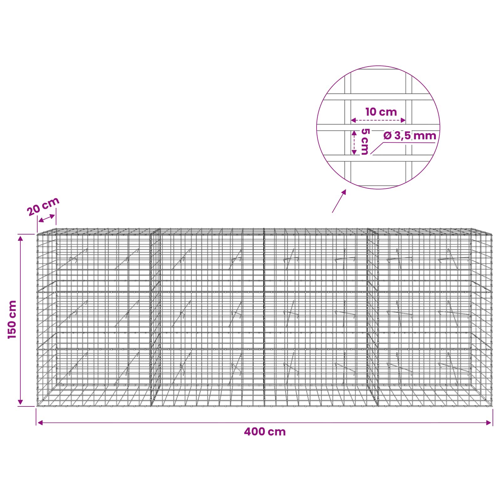 Gabion z 3,5 mm žico in 5x10 cm mrežo 400x20x150 cm