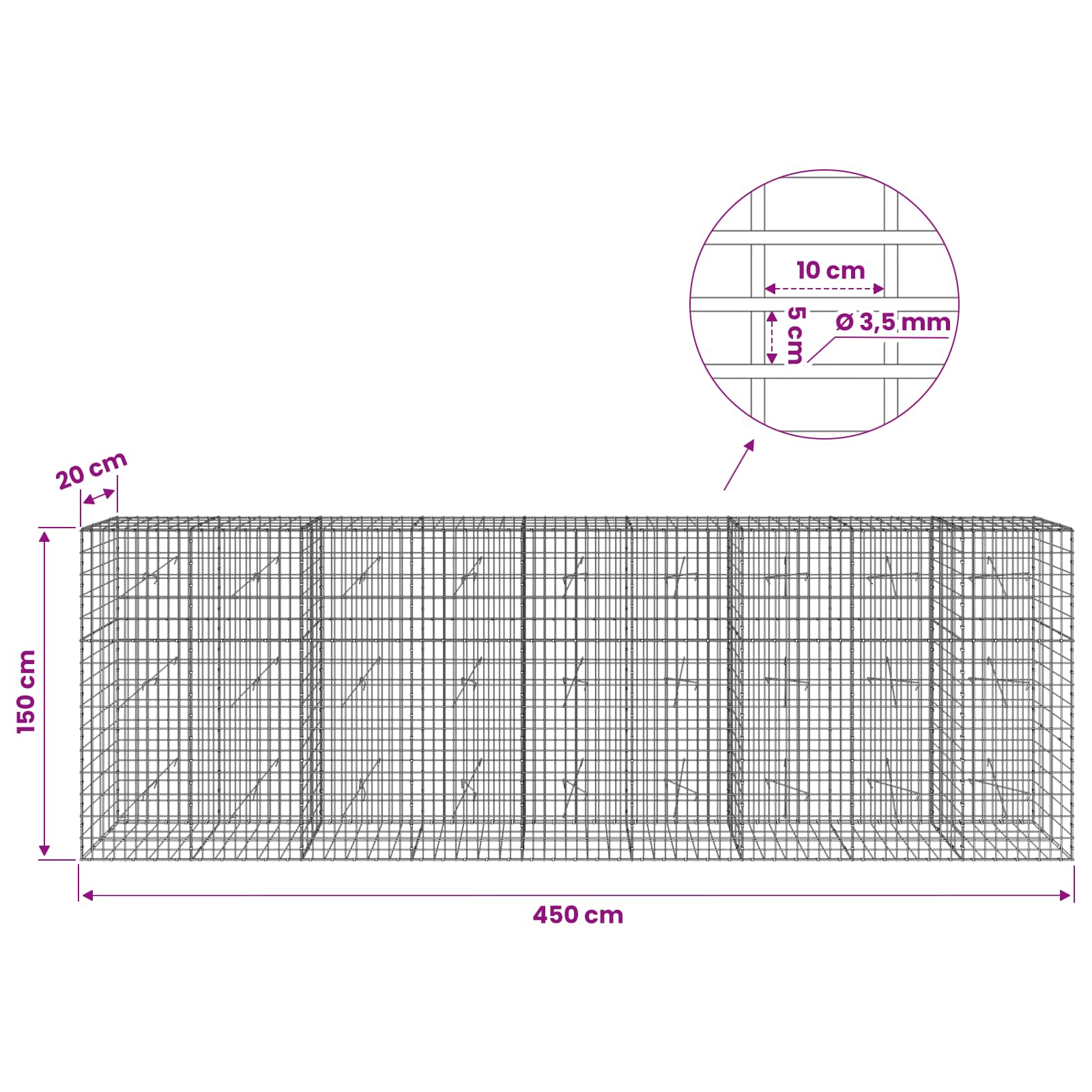 Gabion z 3,5 mm žico in 5x10 cm mrežo 450x20x150 cm