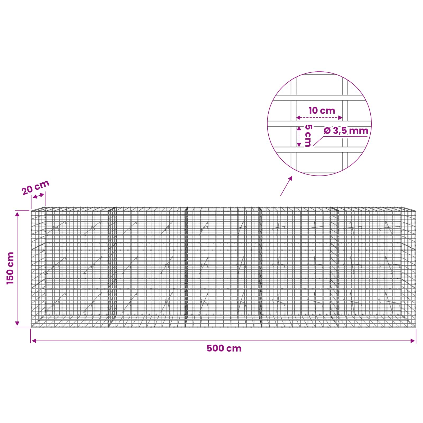 Gabion z 3,5 mm žico in 5x10 cm mrežo 500x20x150 cm