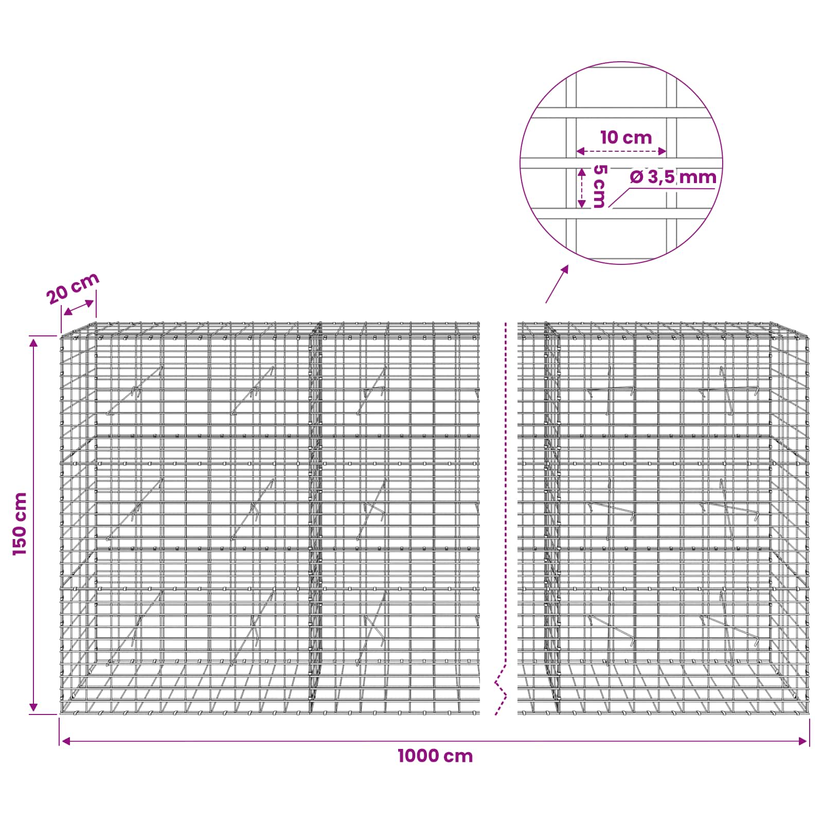Gabion z 3,5 mm žico in 5x10 cm mrežo 1000x20x150 cm
