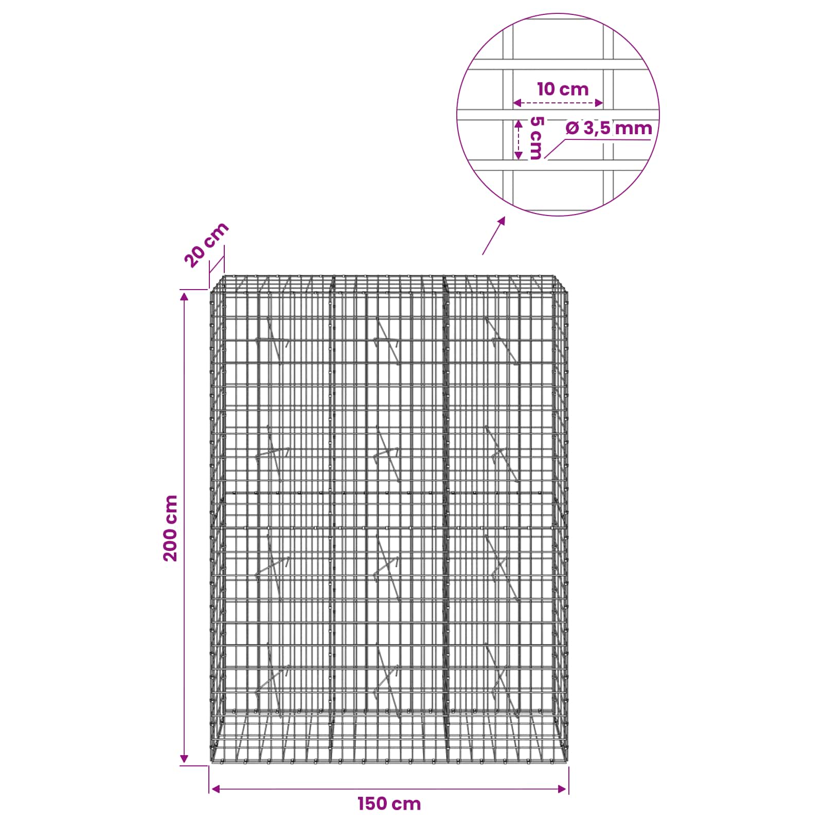 Gabion z 3,5 mm žico in 5x10 cm mrežo 150x20x200 cm