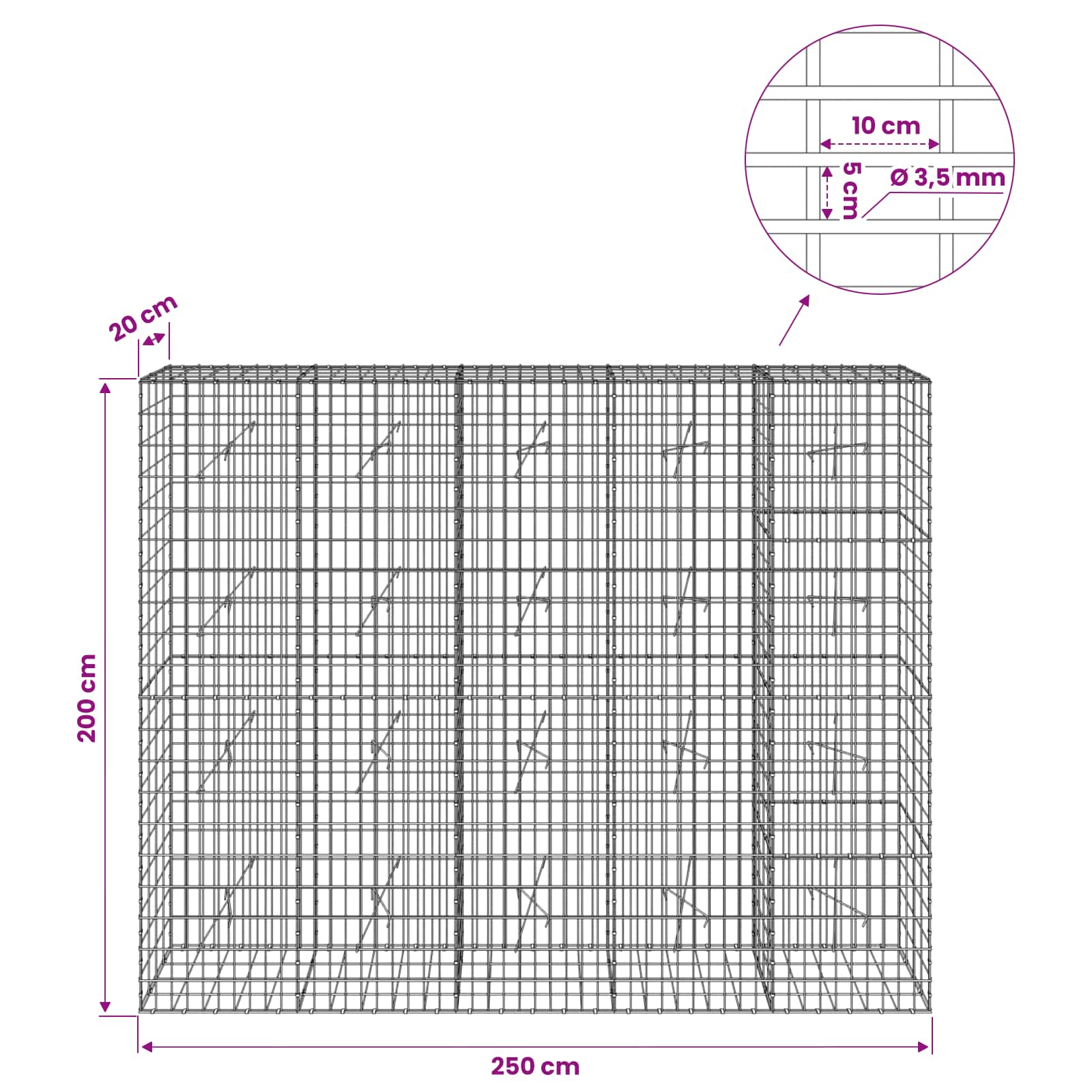 Gabion z 3,5 mm žico in 5x10 cm mrežo 250x20x200 cm