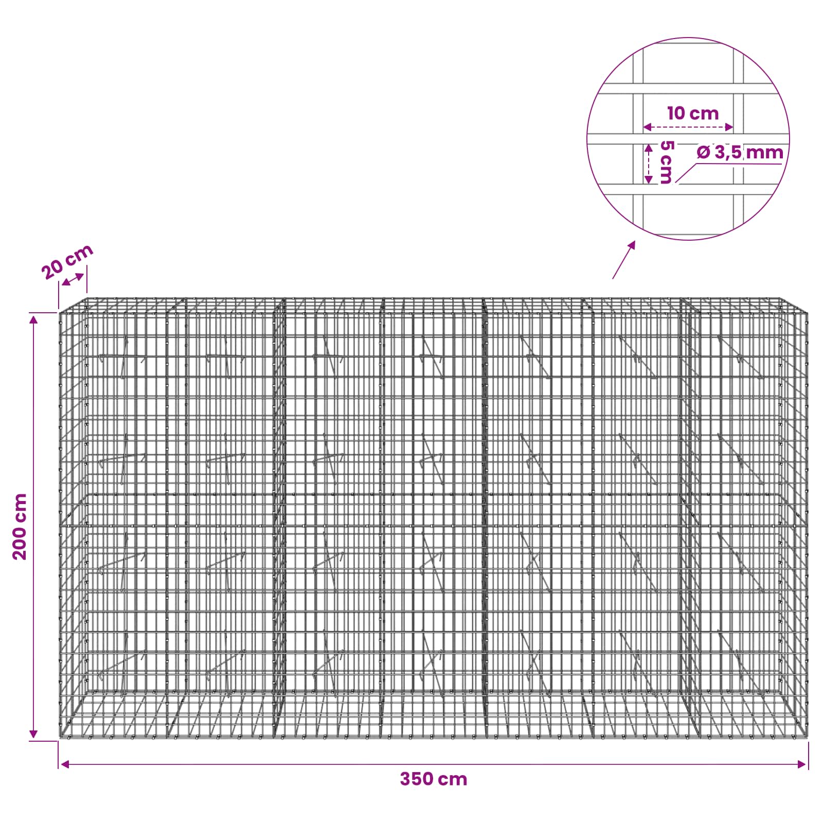 Gabion z 3,5 mm žico in 5x10 cm mrežo 350x20x200 cm