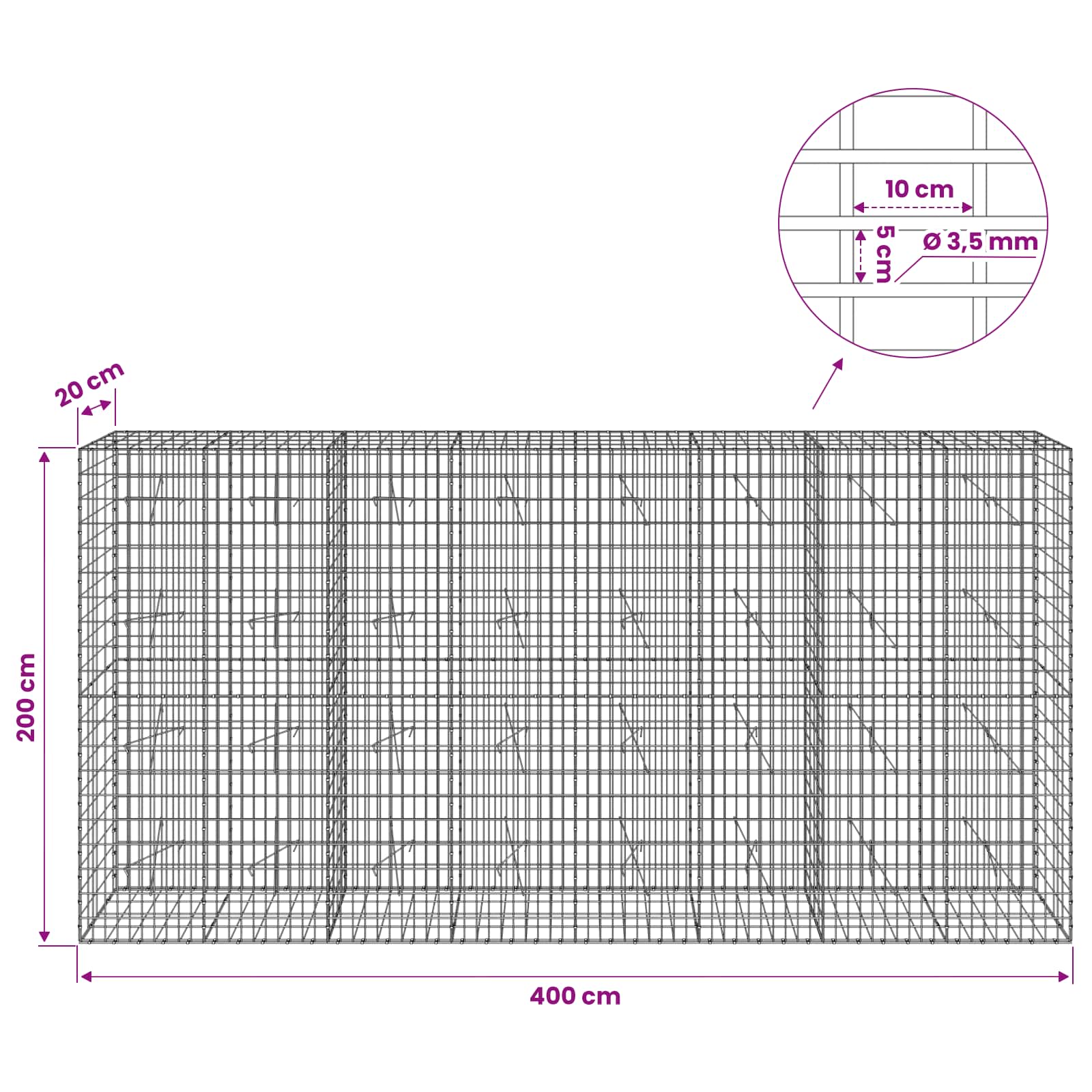 Gabion z 3,5 mm žico in 5x10 cm mrežo 400x20x200 cm
