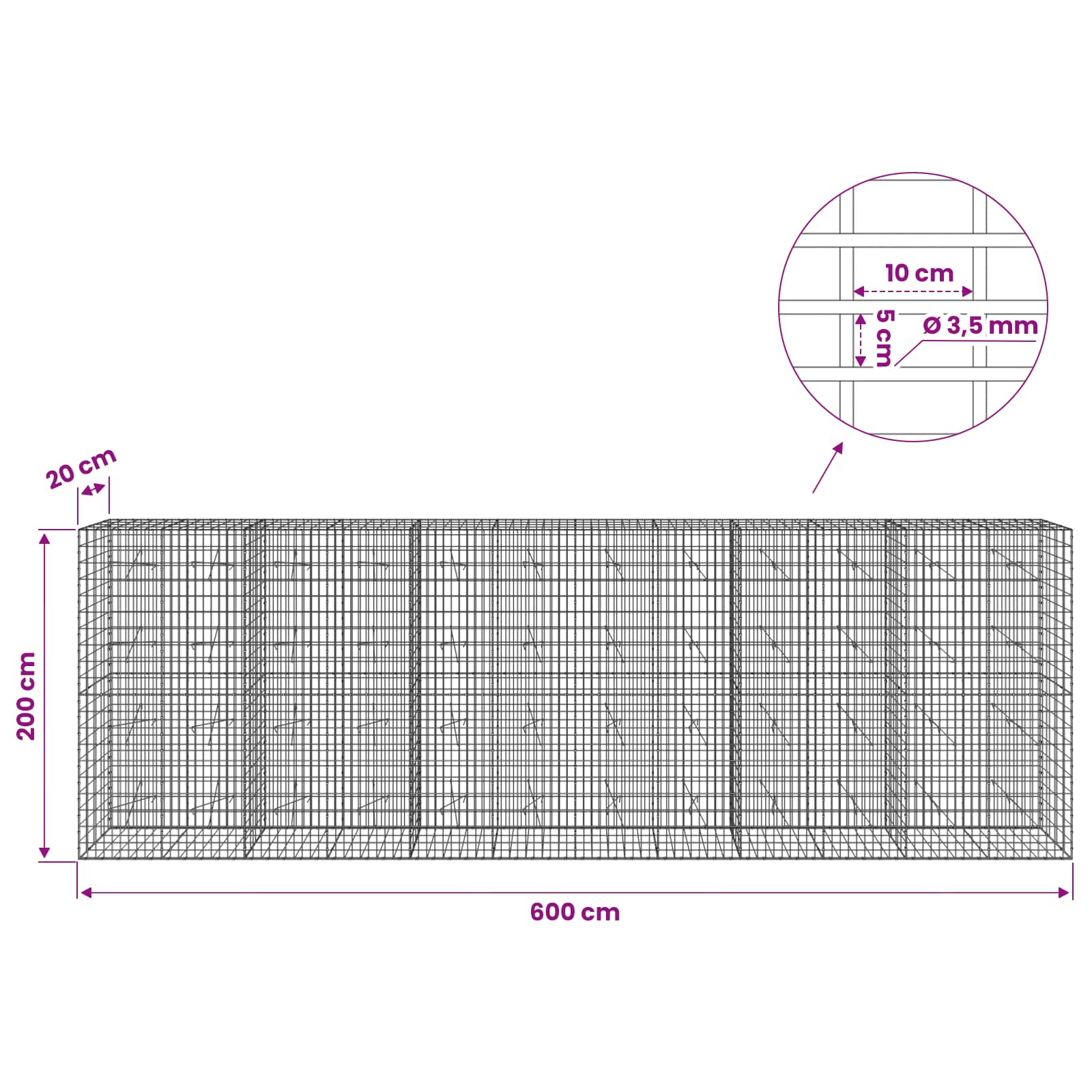 Gabion z 3,5 mm žico in 5x10 cm mrežo 600x20x200 cm