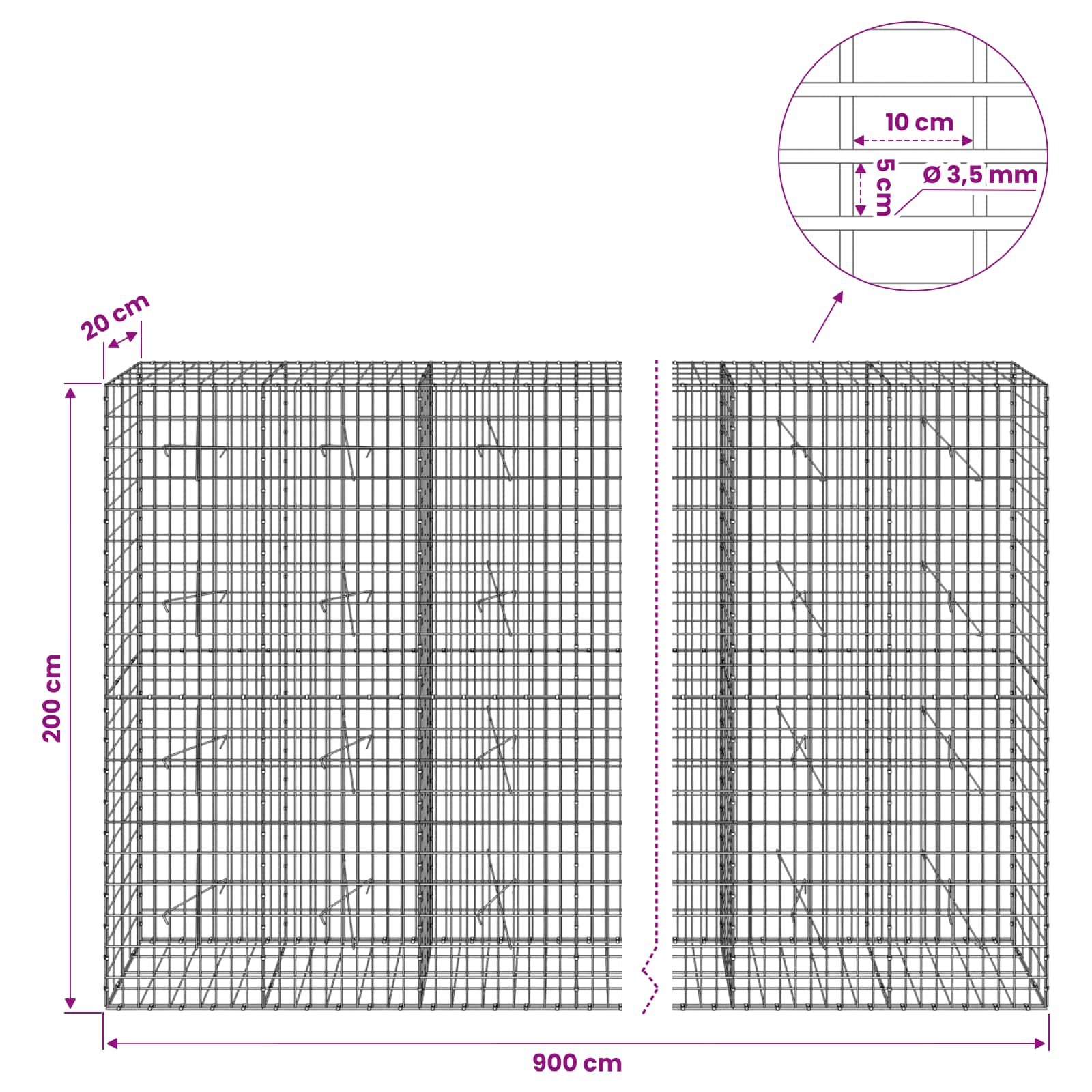 Gabion z 3,5 mm žico in 5x10 cm mrežo 900x20x200 cm