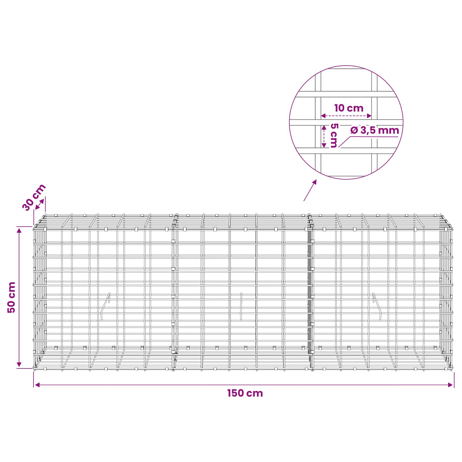 Gabion z 3,5 mm žico in 5x10 cm mrežo 150x30x50 cm