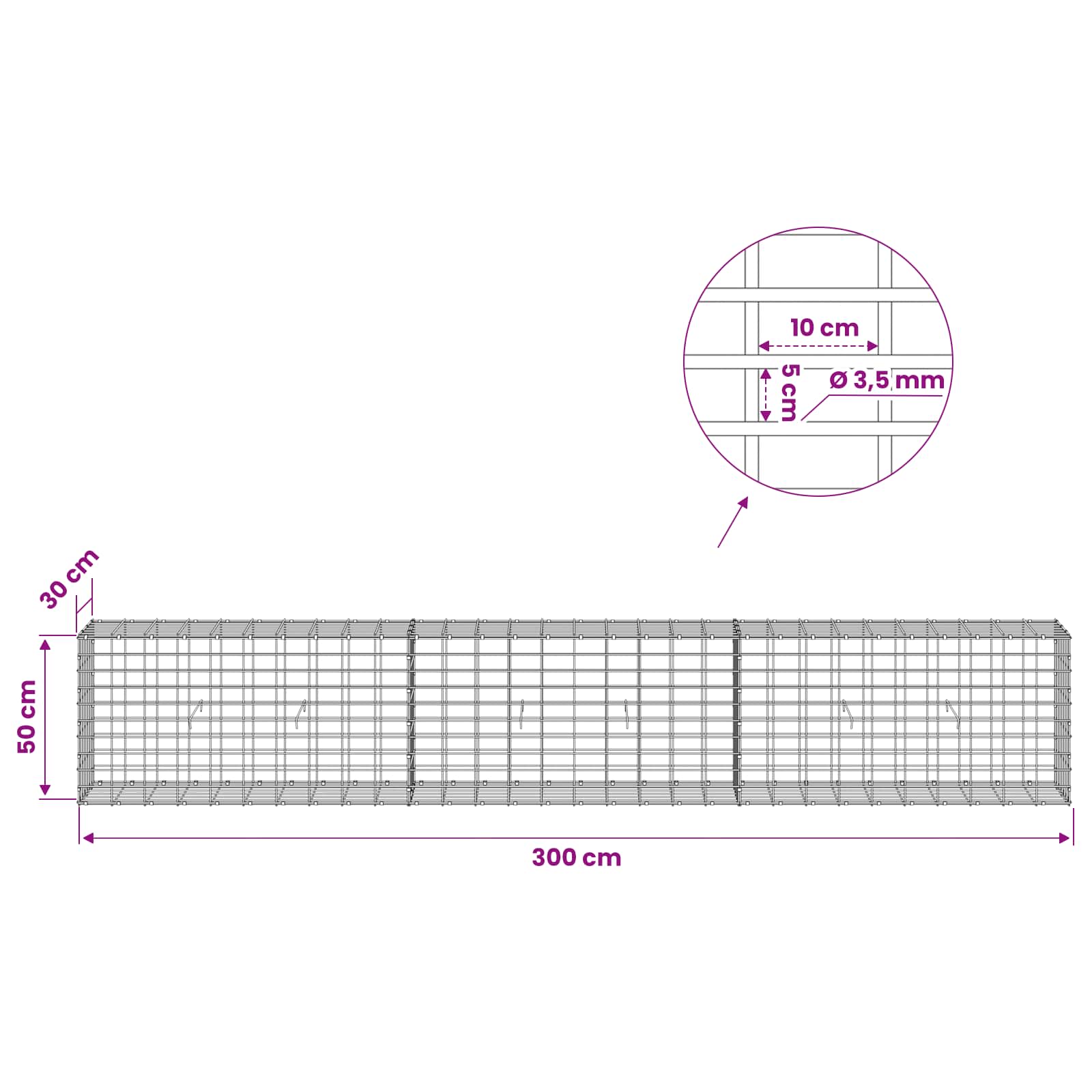 Gabion z 3,5 mm žico in 5x10 cm mrežo 300x30x50 cm