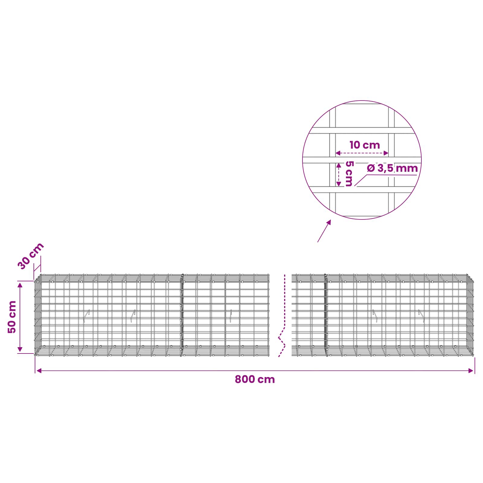 Gabion z 3,5 mm žico in 5x10 cm mrežo 800x30x50 cm