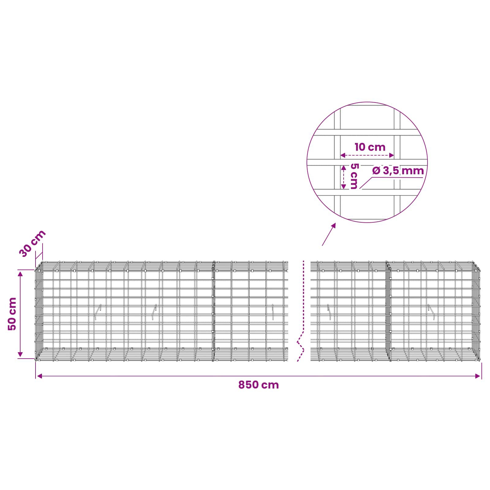 Gabion z 3,5 mm žico in 5x10 cm mrežo 850x30x50 cm
