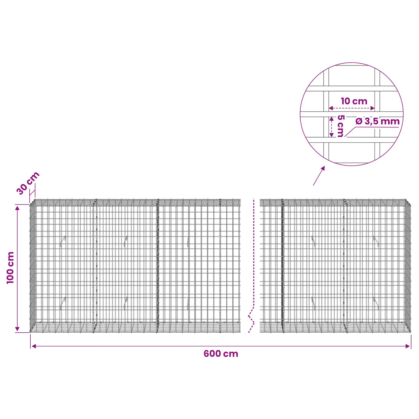 Gabion z 3,5 mm žico in 5x10 cm mrežo 600x30x100 cm