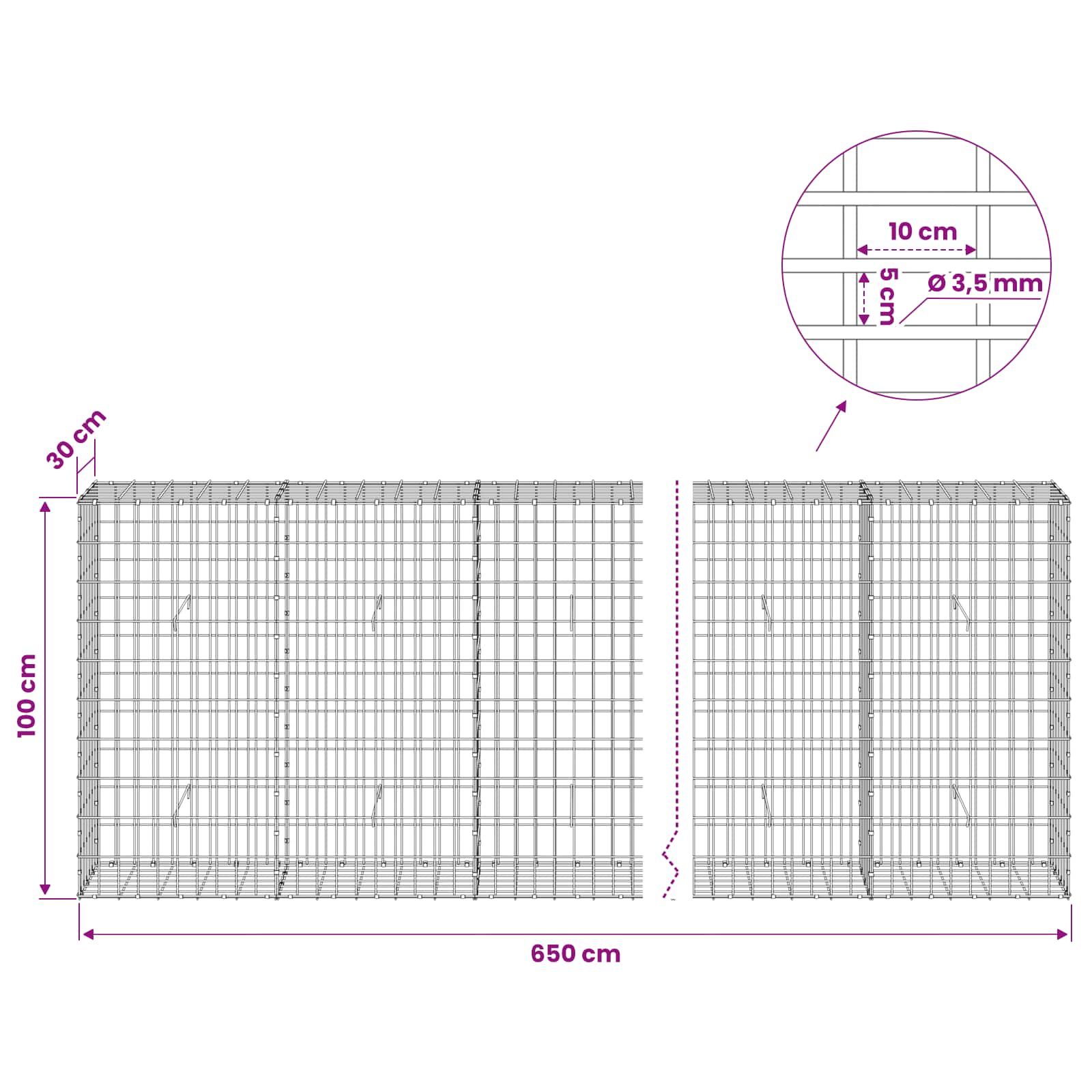 Gabion z 3,5 mm žico in 5x10 cm mrežo 650x30x100 cm