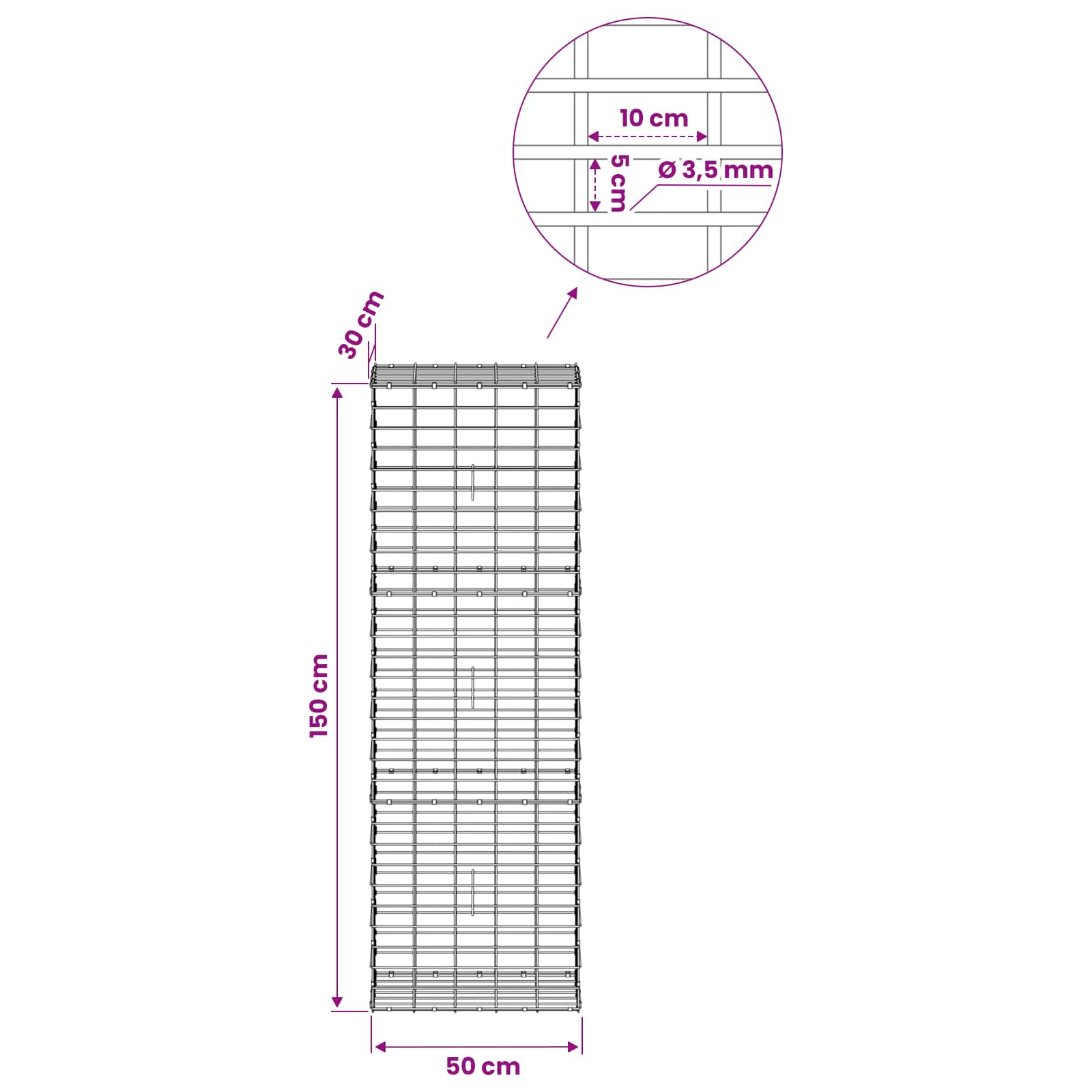 Gabion z 3,5 mm žico in 5x10 cm mrežo 50x30x150 cm