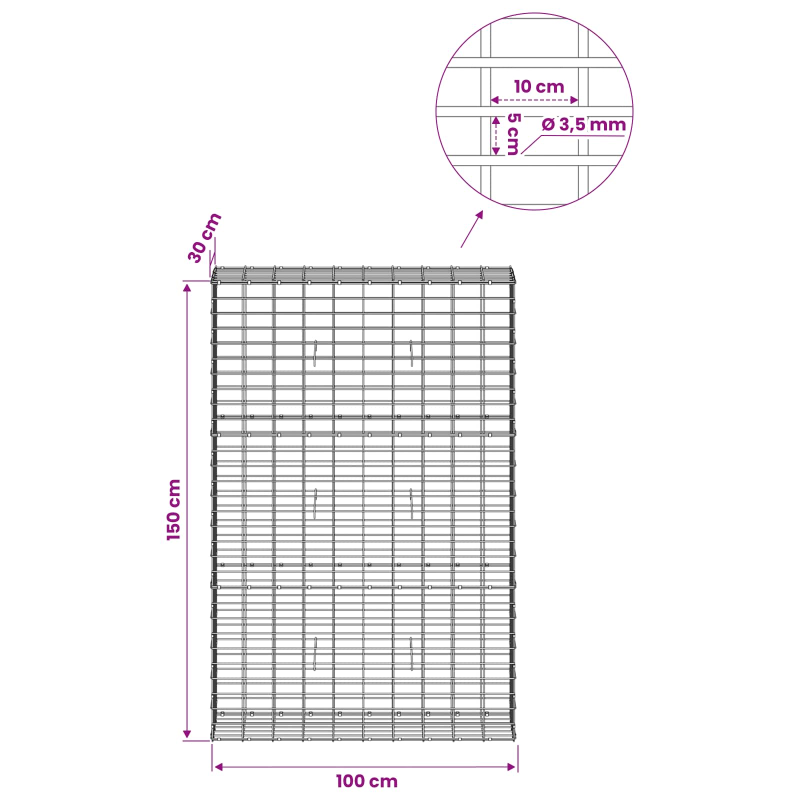 Gabion z 3,5 mm žico in 5x10 cm mrežo 100x30x150 cm