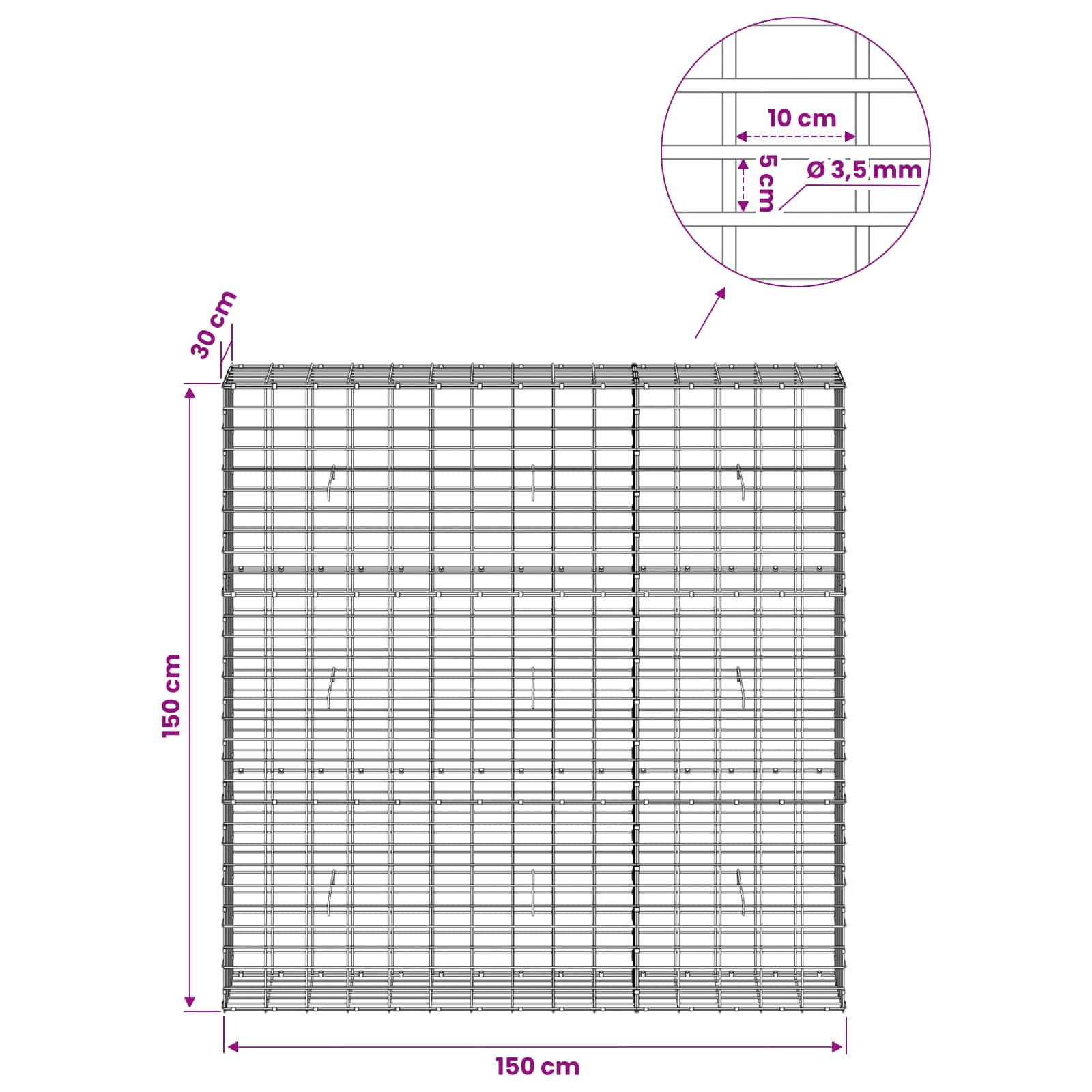 Gabion z 3,5 mm žico in 5x10 cm mrežo 150x30x150 cm